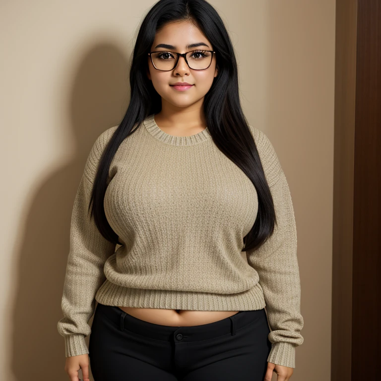 beautiful detailed, cute face, short, mexican teen, slightly chubby, medium black hair, black hair over one eye, glasses, long sleeve shirt sweater, long pants, pearshaped wide hips, solo, voluptuous breasts,