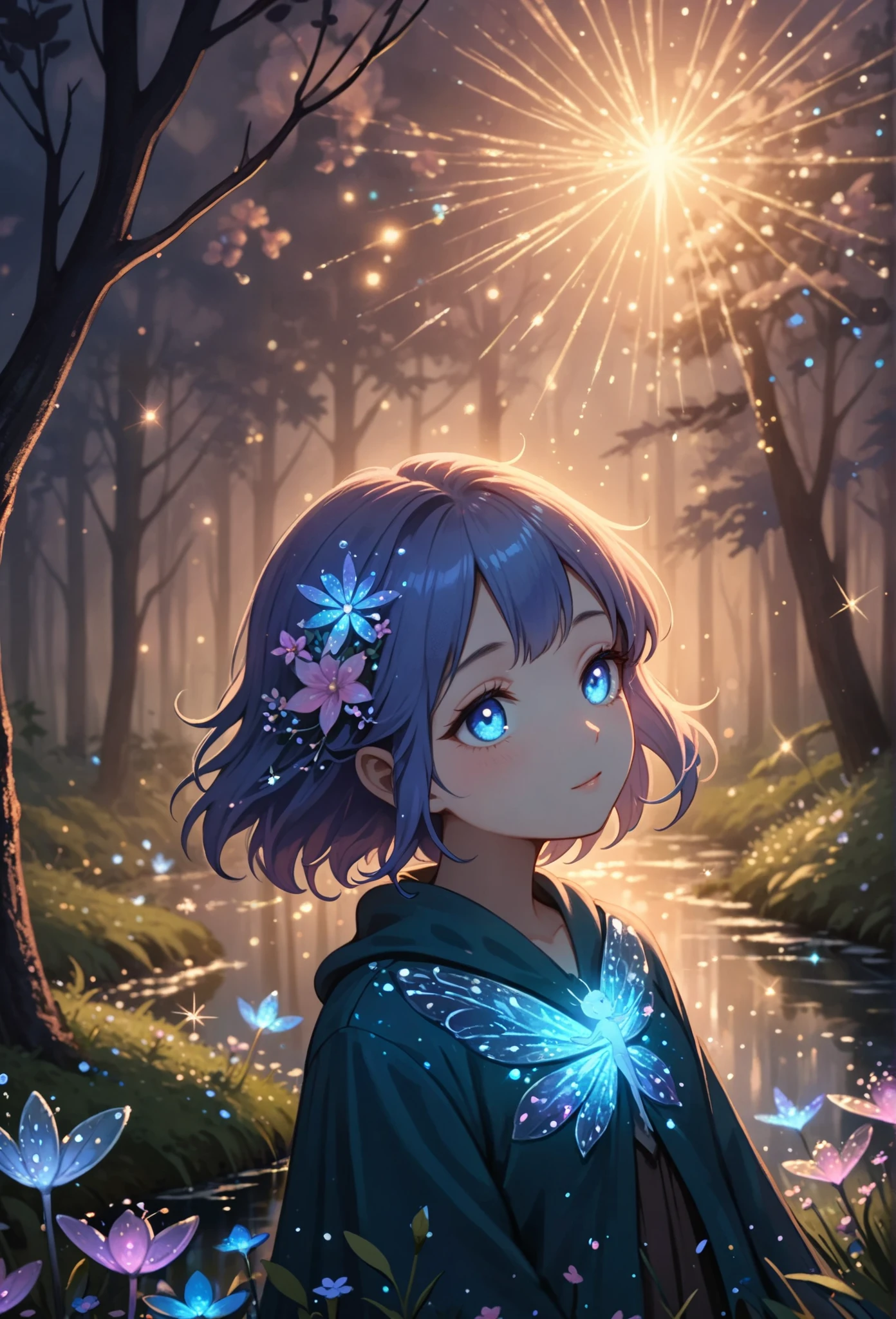 (masterpiece:1.2), (best quality:1.2), very aesthetic, newest, scenery,beksinski,nature, dark forest with small creek and tiny wildflowers, bokeh, volumetric light, iridescent light, glowing flowers, iridescence, shimmering, light particles, light rays, wind, dsmile, sparkling pond, glowing crystals,fairy,cool blue and pink iridescence