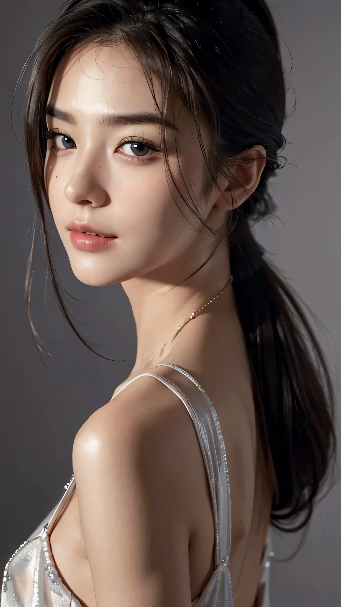High neck sleeveless silk dress、(Photorealsitic:1.4)、(hyper realisitic:1.4)、(realisitic:1.3)、(Smooth lighting:1.05)、(Improved lighting quality in movies:0.9)、32K、1 super beautiful girl、Tall slender 26-year-old、Realistic lighting、back lighting、Facial light、raytrace、(brightened light:1.2)、(enhanced quality:1.4)、(Top quality real texture skins:1.4)、finely eye、finerly detailed face、Fine quality eye、(Tired, sleepy and satisfied:0.0)、 close up of face、Beautiful short brown hair、(enhance body line mood:1.1)、(Increase the beauty of skin texture:1.1)