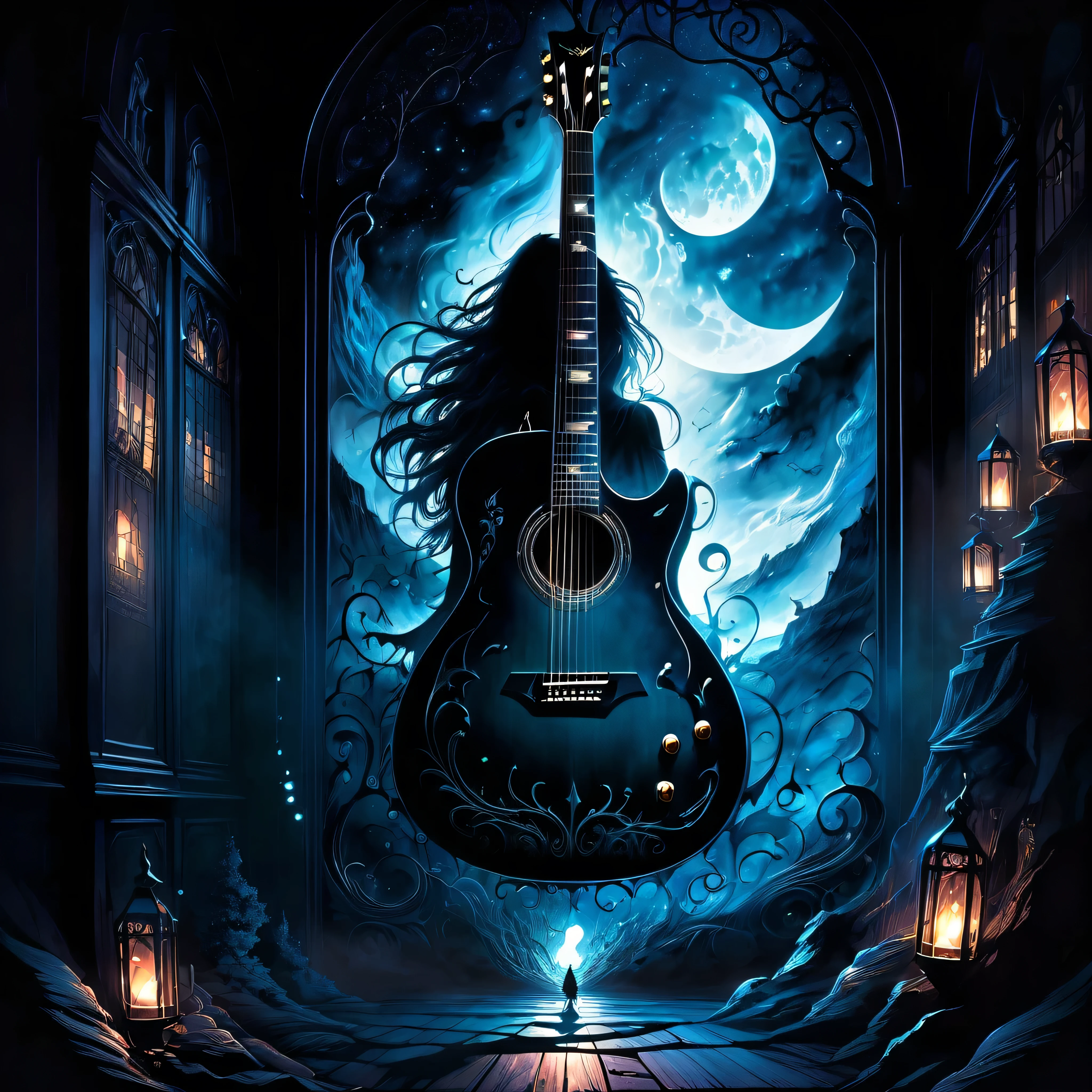 Midjourney, MJ, Midjourney style, poster, manga, anime, 
A mesmerizing dark fantasy illustration captures the essence of a hauntingly beautiful guitar, its silhouette starkly highlighted against an inky black background. The edge of the guitar is bathed in a chilling supernatural light, emanating from an enigmatic, otherworldly source. This eerie illumination creates a haunting ambiance, with the contrast between light and dark areas amplifying the captivating atmosphere. The ethereal glow and mysterious aura of the scene transport the viewer into a realm of fantasy and wonder, making this captivating illustration a true masterpiece of dark fantasy art. The intricate details and enchanting ambiance are sure to leave a lasting impression on all who behold it., dark fantasy 