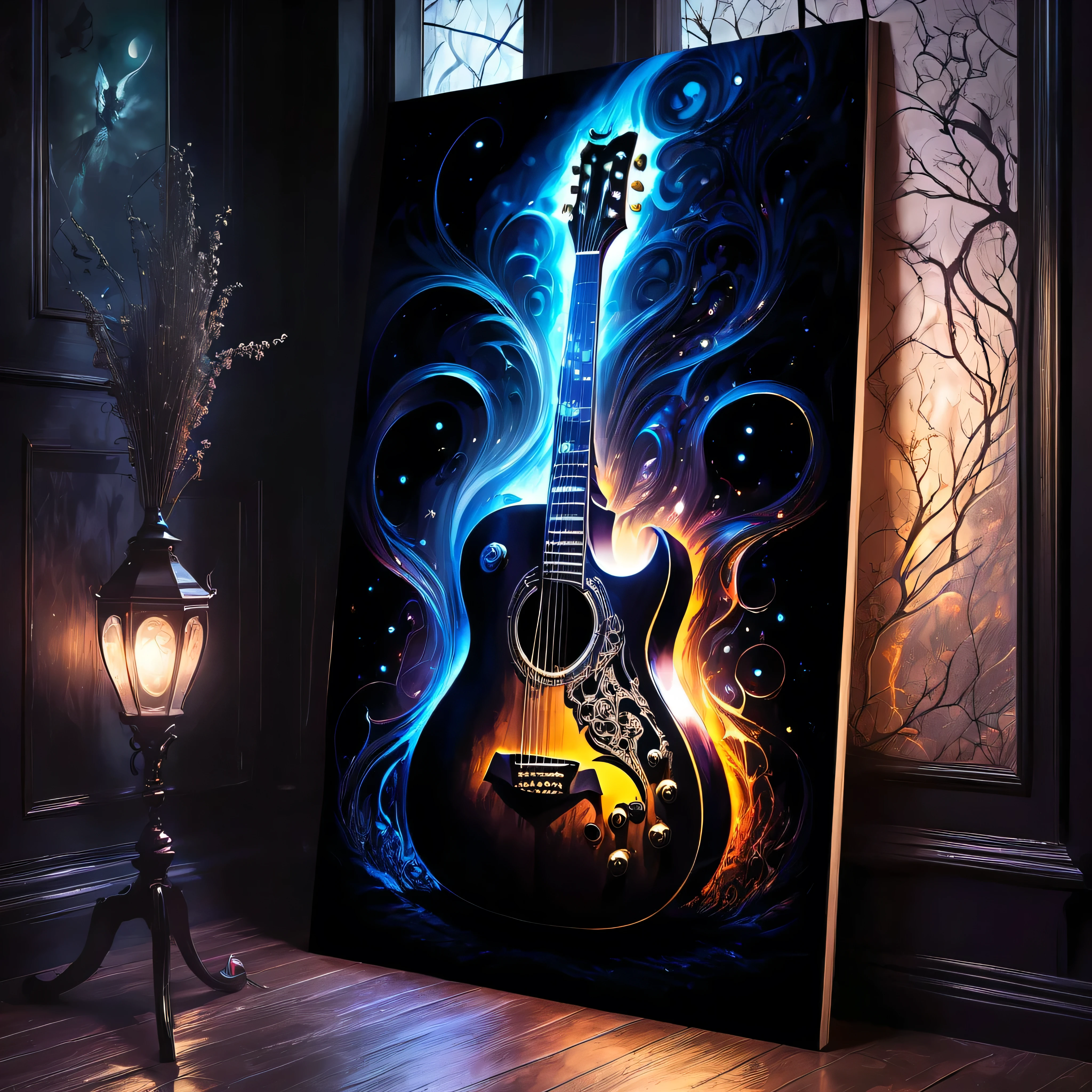 Midjourney, MJ, Midjourney style, poster, manga, anime, 
A mesmerizing dark fantasy illustration captures the essence of a hauntingly beautiful guitar, its silhouette starkly highlighted against an inky black background. The edge of the guitar is bathed in a chilling supernatural light, emanating from an enigmatic, otherworldly source. This eerie illumination creates a haunting ambiance, with the contrast between light and dark areas amplifying the captivating atmosphere. The ethereal glow and mysterious aura of the scene transport the viewer into a realm of fantasy and wonder, making this captivating illustration a true masterpiece of dark fantasy art. The intricate details and enchanting ambiance are sure to leave a lasting impression on all who behold it., dark fantasy 