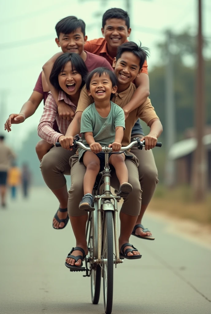 (Photorealism 1.2) high detailed definition cinematic cinematography father and daughter riding bicycle daughter at back laugh happy face expression morning mode sunlight silhouette background Malay old town daughter with school uniform smoke effect wet road father wearing singlet and short trousers riding bicycle go to school