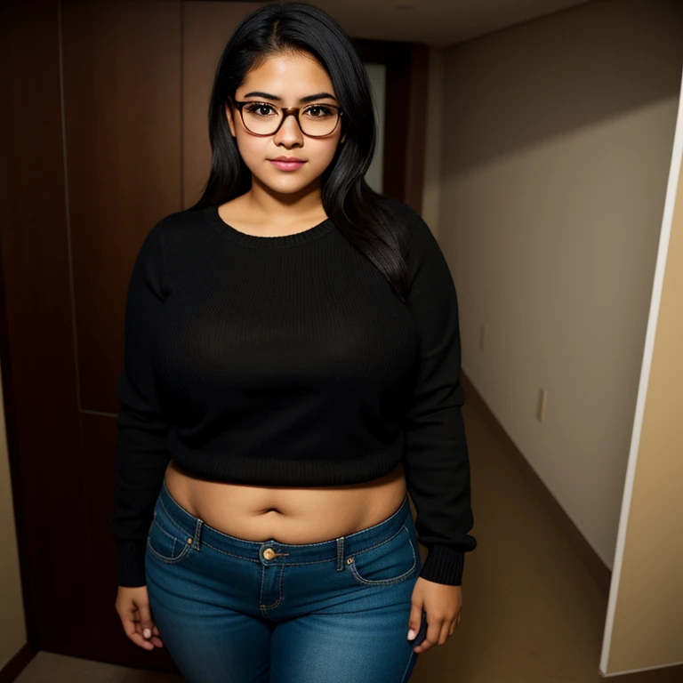 beautiful detailed, cute face, short, mexican teen, slightly chubby, medium black hair, black hair over one eye, glasses, long sleeve shirt sweater, long pants, pearshaped wide hips, solo, voluptuous breasts, top heavy