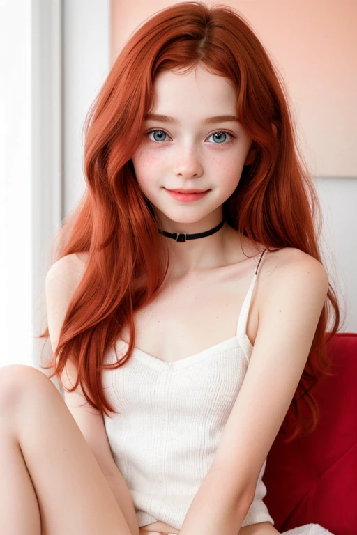 (((solo girl))) (1girl) from behind, full body shot, underneath shot, raw photo, (12yo skinny redhead girl:1.2), ((baby face)) ((intense red hair)) ((very long hair)), blushing, graphic eyeliner, rouge, (lipstick:0.6), (choker:0.9), realistic skin texture, oversize knit sweater, (red:0.8), softcore, warm lighting, cosy atmosphere, instagram style, nsfw , naive, shy, short, thin, fit, beautiful, cute, pale skin, ((just a little smile)) ((blushing smile)), very suggestive open legs, sexy pose.

