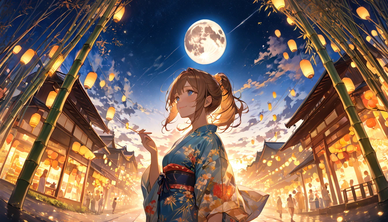 Highest quality, masterpiece, The girl who grants Wishes,Blonde,blue eyes,Double exposure, The best smile, Looking up at the sky, Yukata, , Night view, Tsukimi dangoLarge bamboo and colorful hanging ornaments,Golden light particle effect、Events in Japan、Tsukimi、full moon、Wish、ponytail、Brown Hair、blue eyes