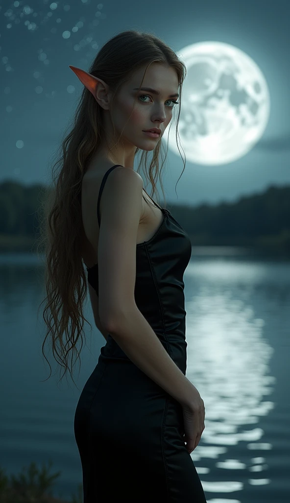 A hauntingly lit scene unfolds under the silver glow of the full moon, casting an eerie ambiance over the murky marshland. The femme fatale's porcelain skin glistens as she presents her flawless derrière, her curves accentuated by the dim lighting. Her profile showcases a wicked grin, a siren's call to temptation and destruction. As she turns, her gaze pierces through the shadows, drawing you in with an otherworldly allure. The air thickens with foreboding as the swampy terrain seems to swallow all in its path, culminating in a fiery abyss that crackles with hellish flames, beckoning you towards your ultimate demise., nsfw, perfectly beautiful body, super detailed skin, glossy skin, Beautifully detailed mouth, beautifully detailed teeth, beautifully detailed fangs, beautifully detailed tongue, beautifully detailed lips, masterpiece, incredibly absurd res, absolutely resolution, ultra high res,