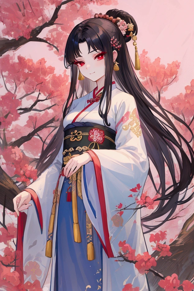 (masterpiece), , Beautiful and fine hair ,Delicate face, 1 girl, Solitary, Dutch shot, Perfect female face, Very attractive woman, Xianxia style ancient costume Hanfu, Black hair, Flowing long hair, Red Eyes,Simple eyelashes,Beautiful hairpin,Chinese style,Standing under the peach tree,Moon,A smile,