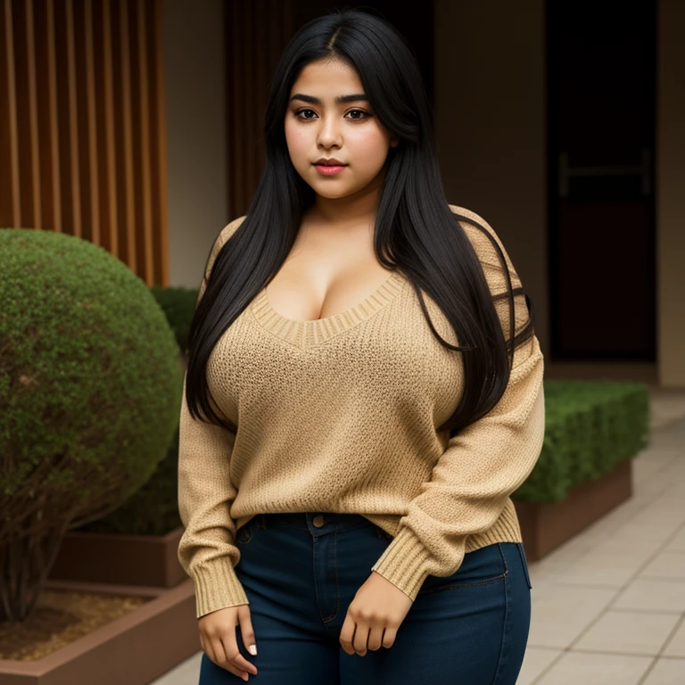 beautiful detailed, cute face, short, mexican teen, slightly chubby, medium black hair, black hair over one eye, long sleeve shirt sweater, long pants, pearshaped wide hips, solo, voluptuous breasts, top heavy body