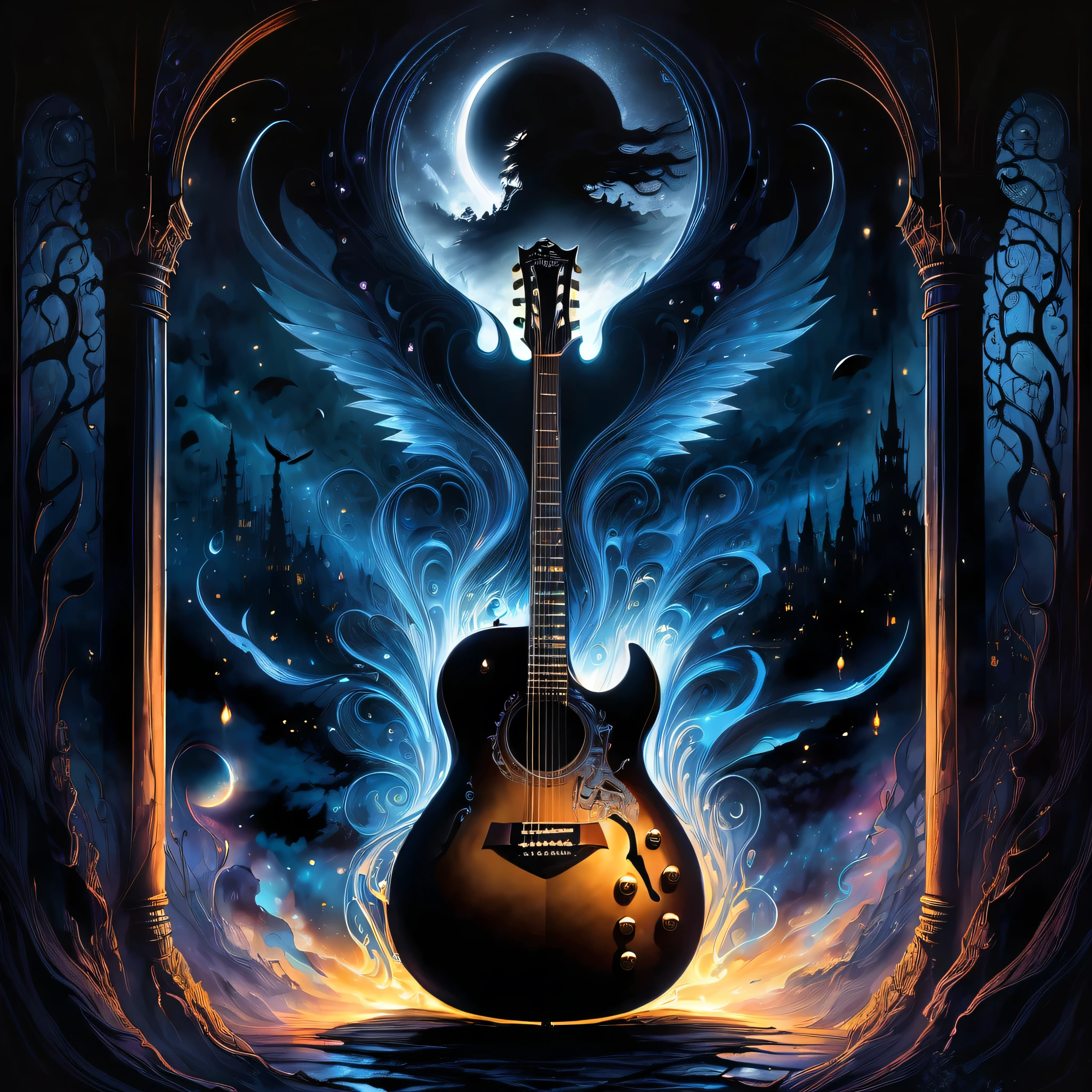 Midjourney, MJ, Midjourney style, poster, manga, anime, 
A mesmerizing dark fantasy illustration captures the essence of a hauntingly beautiful guitar, its silhouette starkly highlighted against an inky black background. The edge of the guitar is bathed in a chilling supernatural light, emanating from an enigmatic, otherworldly source. This eerie illumination creates a haunting ambiance, with the contrast between light and dark areas amplifying the captivating atmosphere. The ethereal glow and mysterious aura of the scene transport the viewer into a realm of fantasy and wonder, making this captivating illustration a true masterpiece of dark fantasy art. The intricate details and enchanting ambiance are sure to leave a lasting impression on all who behold it., dark fantasy 