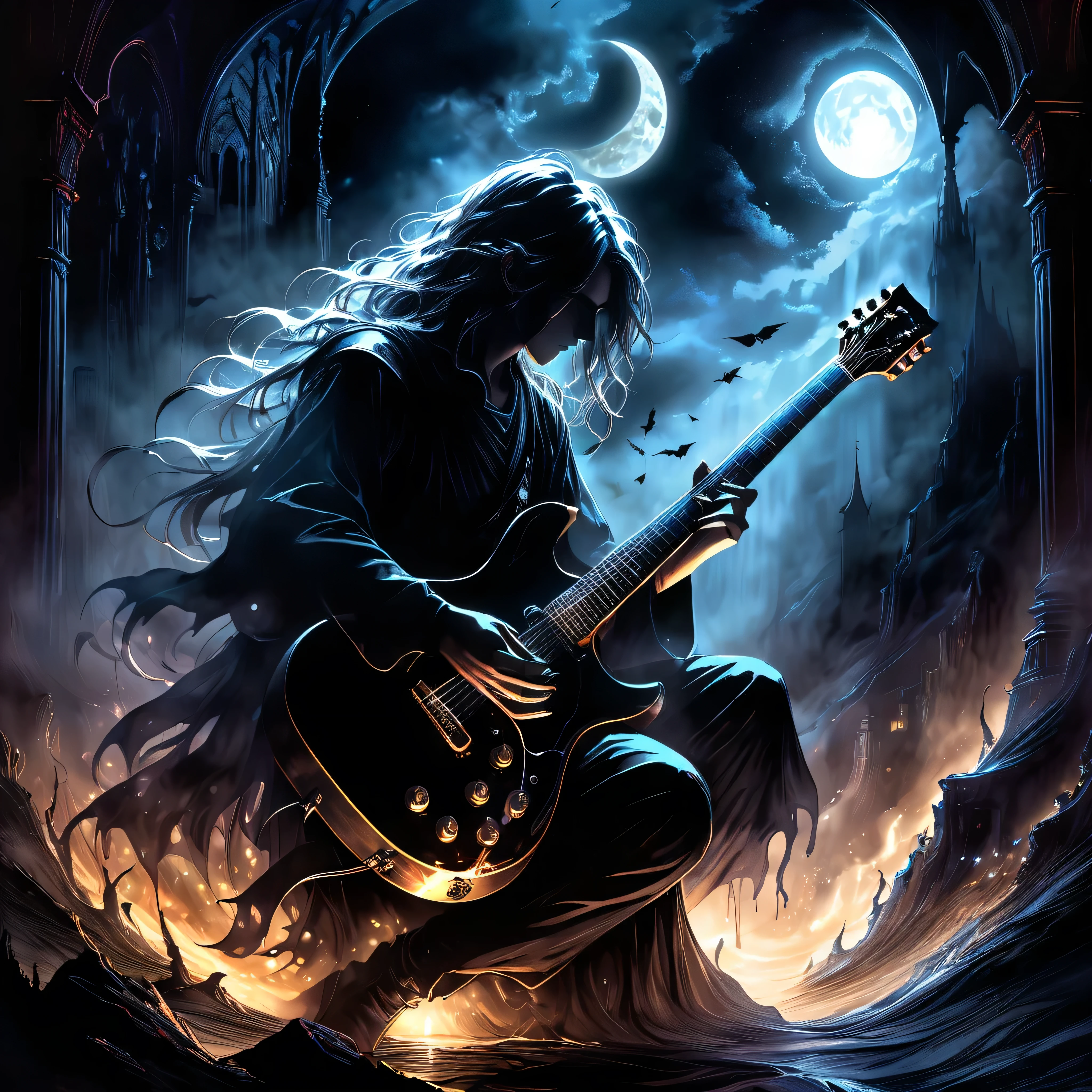 Midjourney, MJ, Midjourney style, poster, manga, anime, 
A mesmerizing dark fantasy illustration captures the essence of a hauntingly beautiful guitar, its silhouette starkly highlighted against an inky black background. The edge of the guitar is bathed in a chilling supernatural light, emanating from an enigmatic, otherworldly source. This eerie illumination creates a haunting ambiance, with the contrast between light and dark areas amplifying the captivating atmosphere. The ethereal glow and mysterious aura of the scene transport the viewer into a realm of fantasy and wonder, making this captivating illustration a true masterpiece of dark fantasy art. The intricate details and enchanting ambiance are sure to leave a lasting impression on all who behold it., dark fantasy 