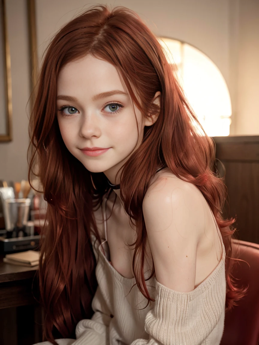 (((solo girl))) (1girl) from behind, full body shot, underneath shot, raw photo, (12yo skinny redhead girl:1.2), ((baby face)) ((intense red hair)) ((very long hair)), blushing, graphic eyeliner, rouge, (lipstick:0.6), (choker:0.9), realistic skin texture, oversize knit sweater, (red:0.8), softcore, warm lighting, cosy atmosphere, instagram style, nsfw , naive, shy, short, thin, fit, beautiful, cute, pale skin, ((just a little smile)) ((blushing smile)), very suggestive open legs, sexy pose.
