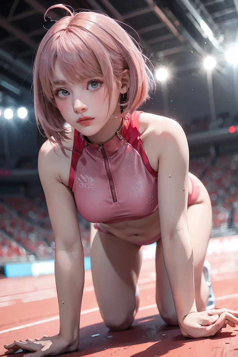 Women's Olympians,(((Player uniforms), (Shiny costumes))), (belly button), skindentation, skinny, alone, 1 female, masterpiece, Highest quality, Highest quality, 16K, Unbelievably absurd, Very detailed, 2.5D, AI-generated, delicate and dynamic, Very delicate look, Delicate eye depiction, erotic, only sexy woman, ((Cute and gentle face)), Healthy body shape, ((2. Women)), Height: 160cm, Medium firmness and swaying bust, , (short hair), (Pink Hair:1.5), Bobcut, black eye, blush, Sweat,Embarrassing,sexy, ((Thin thighs)), (Camel Toe:0.7), (Nipples are visible:0.5), (Erect nipples,:0.7), Shiny, Facing directly at the viewer, (((In the heat))), ((Oily_skin)), ((Dutch Angle)), ((erotic pose)), ((On all fours)),, Athletics stadium and Olympic venue on a sunny day,