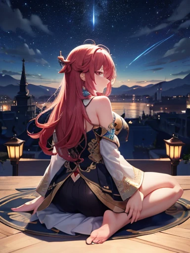 masterpiece, Best Quality, One girl, Alone, Guizhong City_Genshin Impact, default_dress, From behind, Starry sky print, The sleeves reach up to the wrists, barefoot 