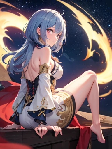 masterpiece, Best Quality, One girl, Alone, Guizhong City_Genshin Impact, default_dress, From behind, Starry sky print, The sleeves reach up to the wrists, barefoot 