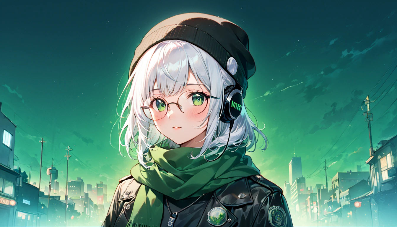 (extremely detailed CG unity 8k wallpaper), (best quality), (best illustration), (best shadow), realistic lighting, beautiful detailed reglow, masterpiece, best quality, lofi artstyle, lofi art, city, town, 80s anime style, Retro, Lo-Fi, 1girl, 1girl, bangs, beanie, black headwear, blush, covered mouth, glasses, green background, green eyes, green scarf, green theme, hat, jacket, looking at viewer, round eyewear, scarf, simple background, solo, white hair, medium shot, full body shot, Using Headphone, headphone