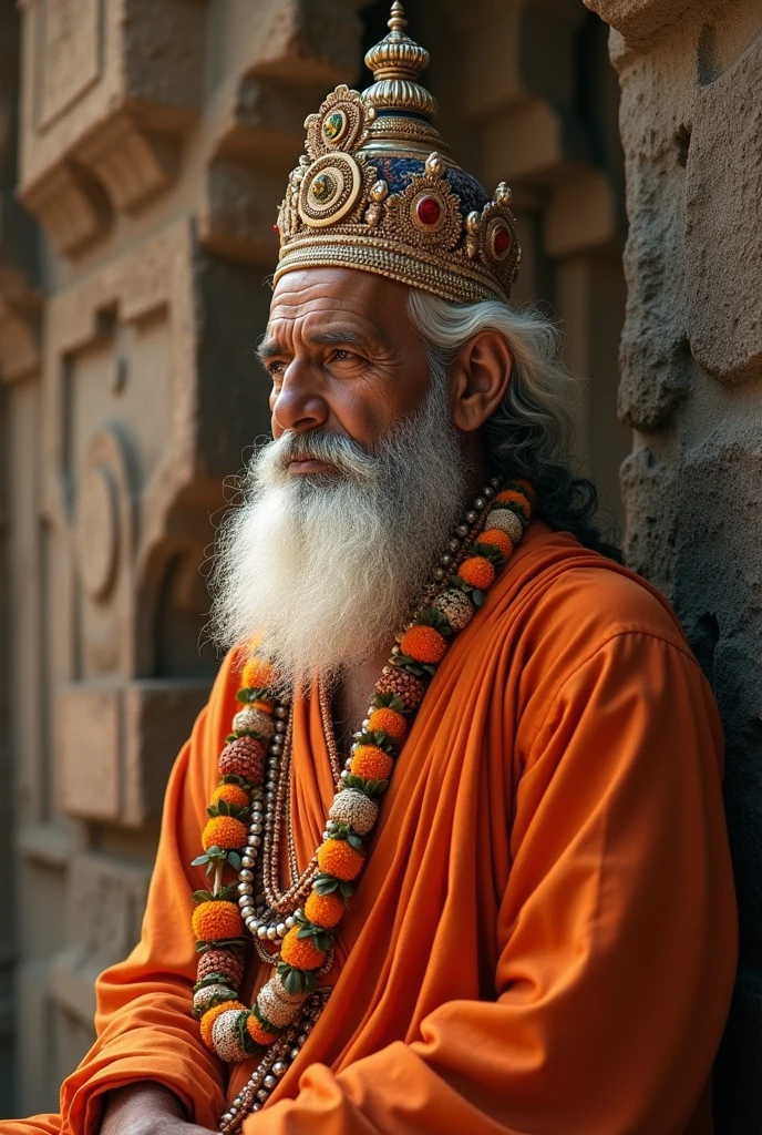 Homem arafed com uma longa barba branca e um turbante amarelo, Wise old Indian guru, holy man looking down at the ground, inspirado em Bapu, foto de retrato, barba branca, Indian Master, india, Indian god, por Bapu, longa barba branca, serene expression, barba branca completa, Shutterstock, foto de retrato em close-up, Indian Temple