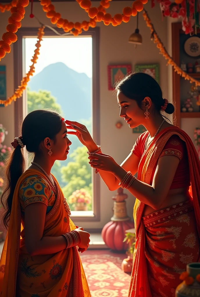 A beautiful young woman tying a colorful rakhi (sacred thread) on her brother's wrist, intricate floral decorations, warm lighting, vibrant colors, traditional indian festival, highly detailed, photorealistic, 8k, masterpiece