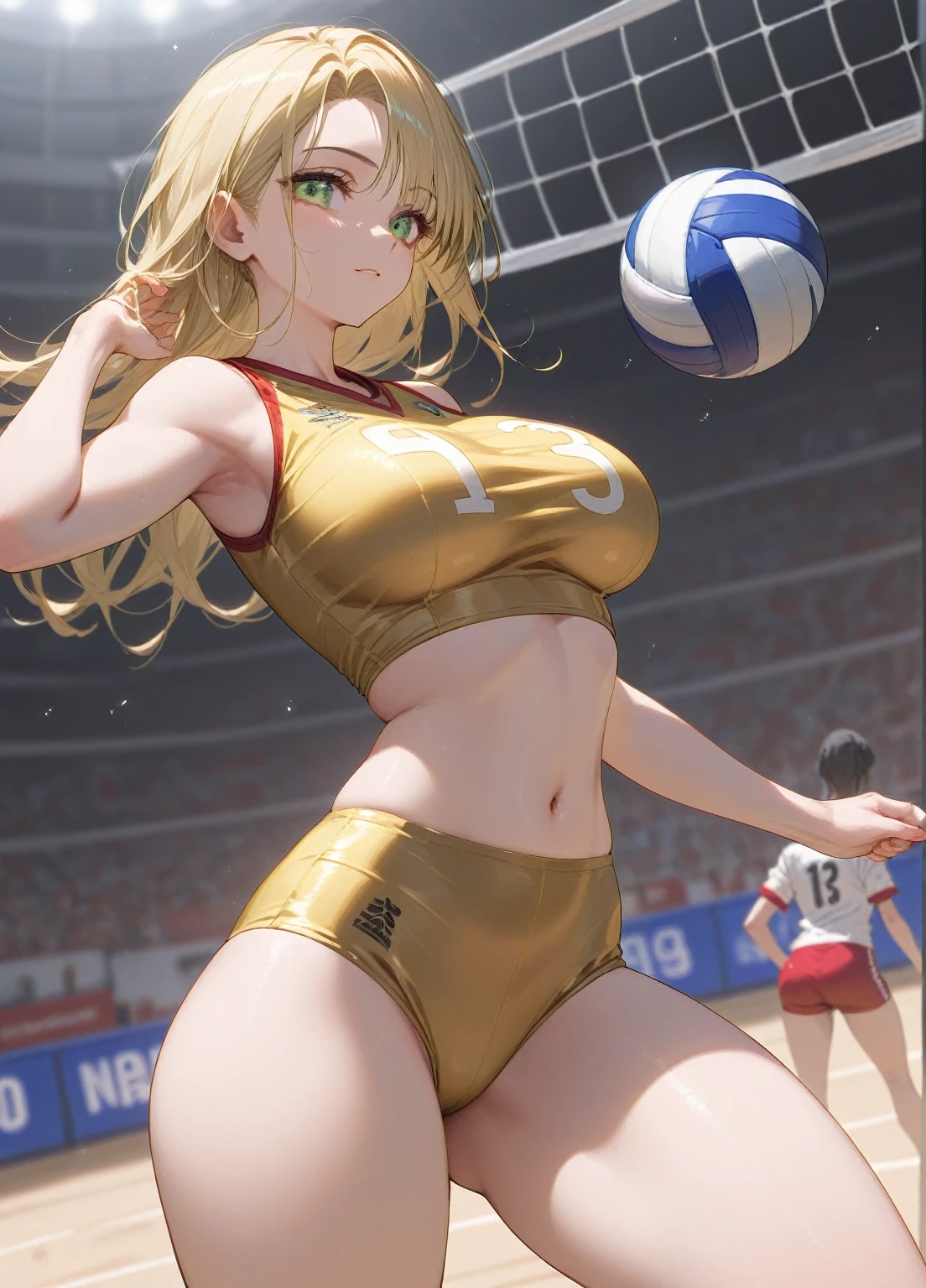 (1girl) (masterpiece) (detailed) adult female green eyes blonde girl, wearing revealing volleyball uniform, no logos, white and gold clothes, loving look, tight clothes, thick thighs:1.3