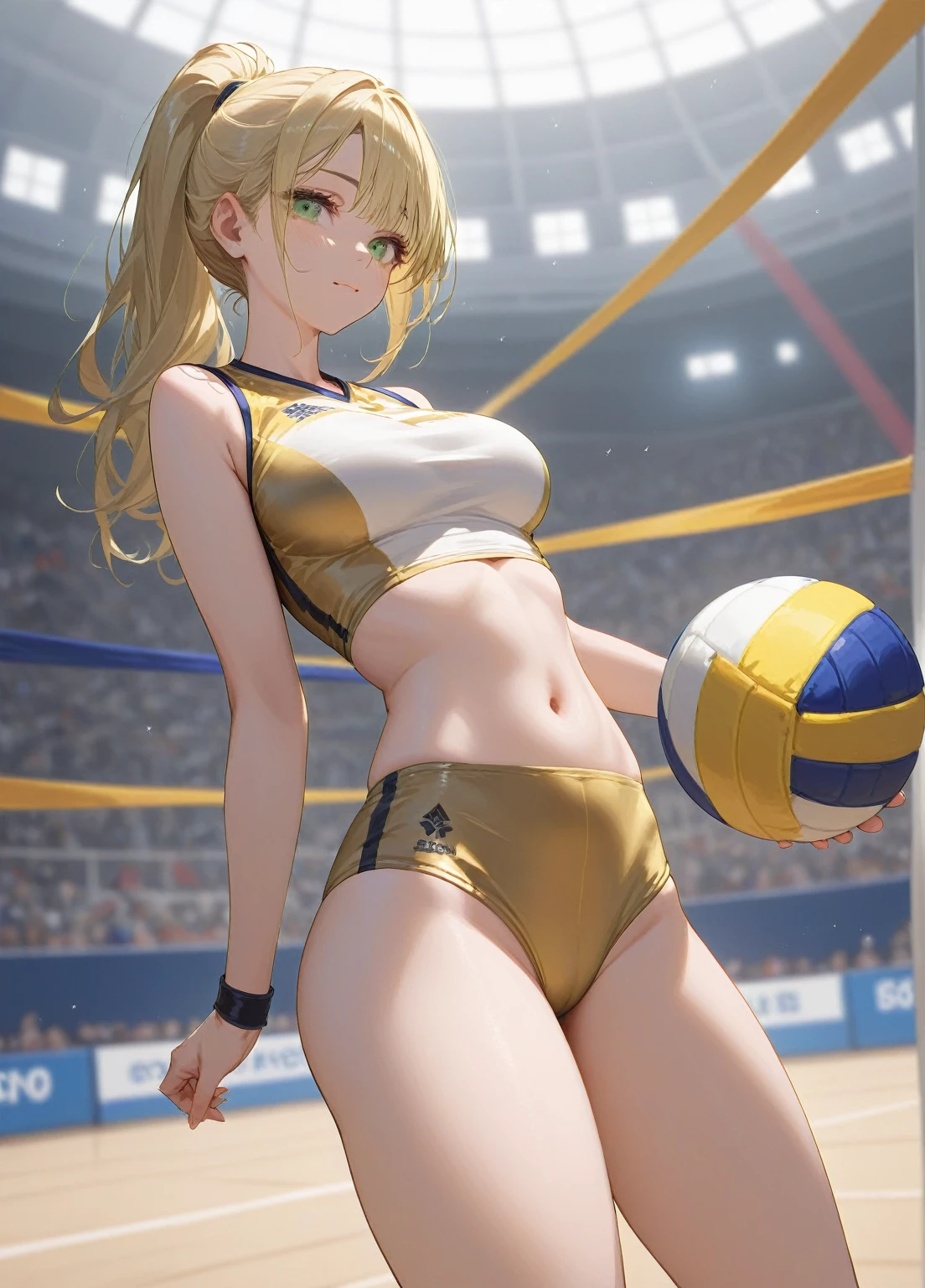 (1girl) (masterpiece) (detailed) adult female green eyes blonde girl, wearing revealing volleyball uniform, no logos, white and gold clothes, loving look, tight clothes, thick thighs:1.3