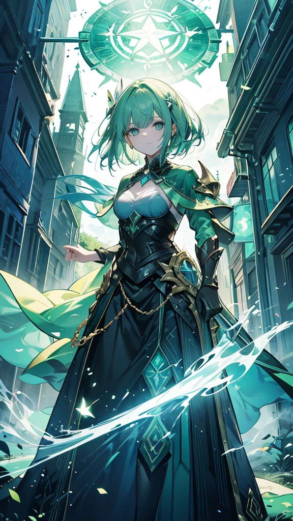 1girll, looking at viewert ,Green hair ,Blue eyes, Beautiful detailed eyes, long twintail,Wizard's Hat,wearing rags,Singing magic, Arcane, Magic perimeter,knowledge,abyss eyes,Deep blue sky, death,Medium breast,((Masterpiece)), (((Best quality))),((Beautiful detailed eyes)),(eyelash),elf,Extremely detailed Cg Unity 8K wallpaper,Masterpiece, ((Ultra-detailed)), ((illustration)),Colorful,the wallpaper