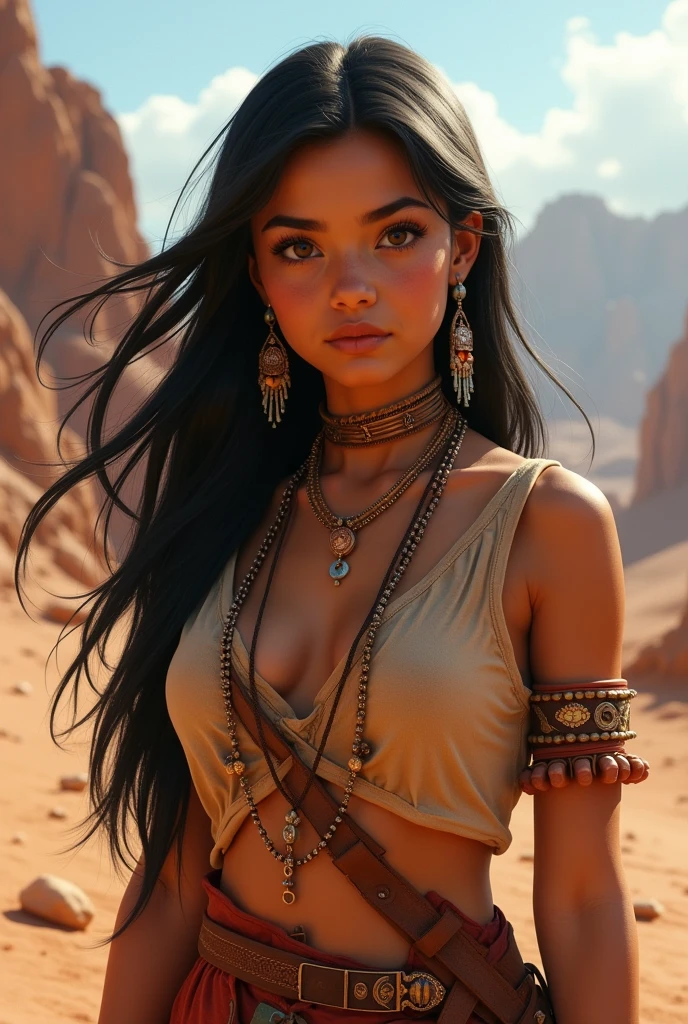 Zendaya is a beautiful naked woman. Small breasts. Aztec jewelry on. sunset behind her. Dramatic lighting. Photographed on Sony a7 iv. 12k ultra HD, biting her lip, puddle on the ground below her