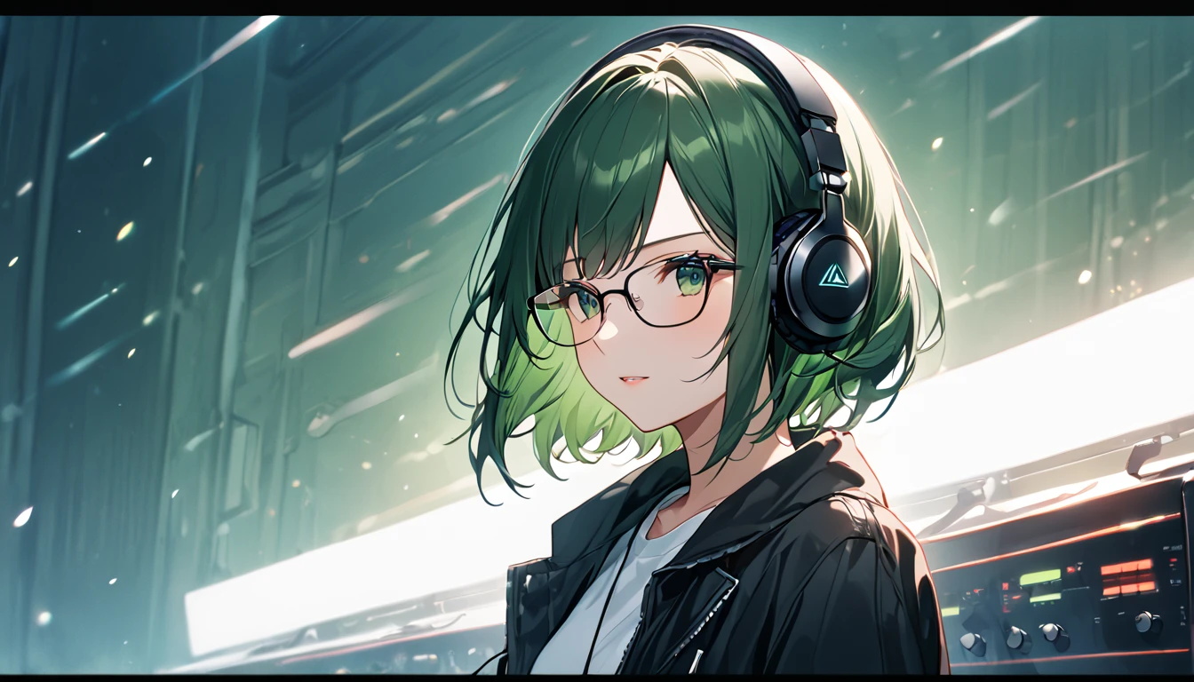 anime, deejay girl, DJ, DJ girl, headphones, High praise, (best image quality),masterpiece,highest quality,extremely be familiar with CG wallpaper, ultra_be familiar with,(cinematic lighting:1.1), (cold face), green eyes, 1 girl, alone, dark green_hair, short_hair, masterpiece, highest quality, Glasses