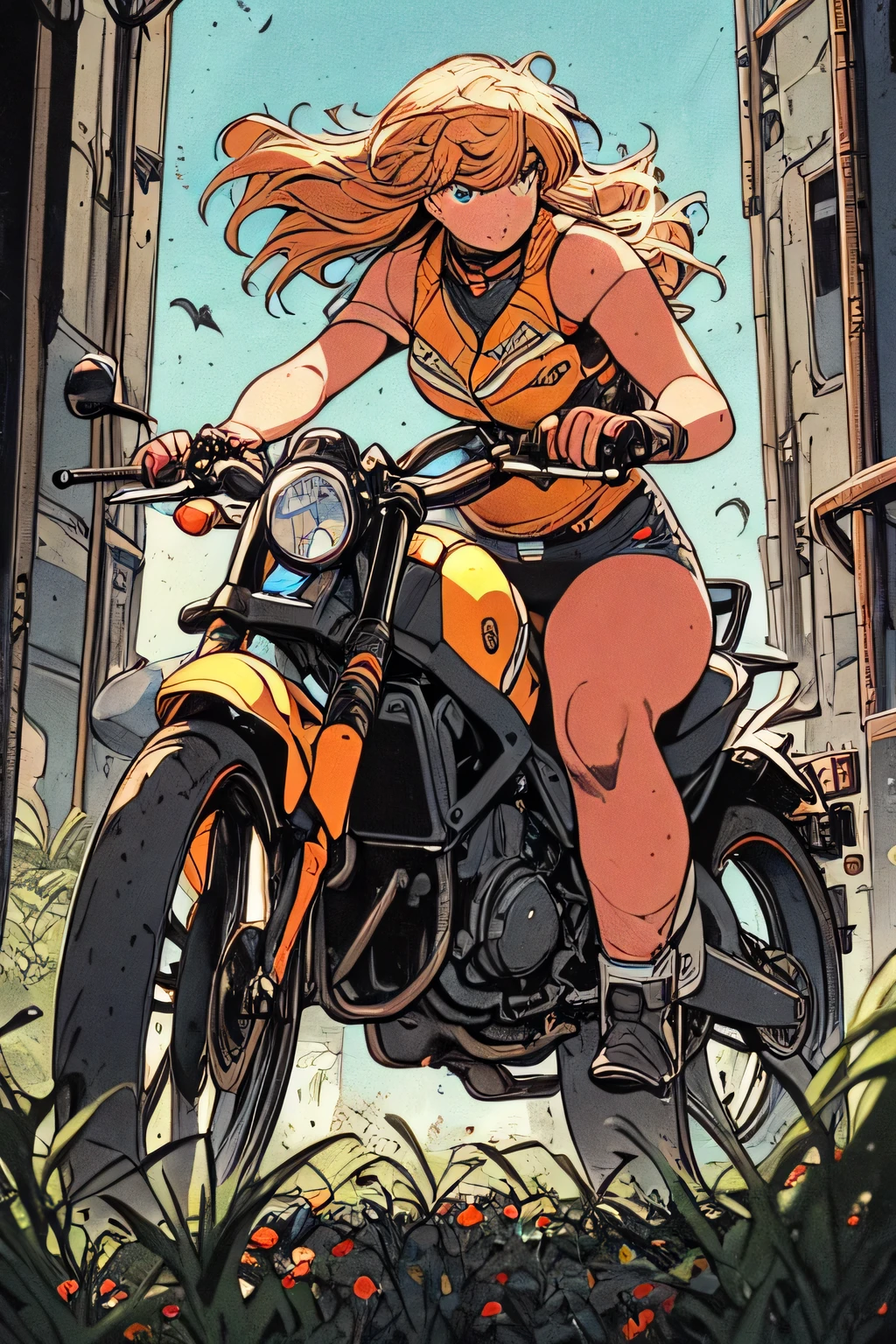 Masterpiece, professional, award-winning, intricate details, ultra high detailed, 64k, volumetric light, dynamic lighting, Movie Aesthetic, action shot, style by Travis Charest and Phil Noto (colored). THe raider is riding a yellow BMW M1000RR Superbike, superb detail, It must not be commonplace, Must have a very complex structure, Must have a very high degree of randomness, Must be an image that no one has ever seen before, It has to be very original, Must have tremendous detail, It has to be of the highest artistic quality, It has to be the ultimate, Failure is not an option.