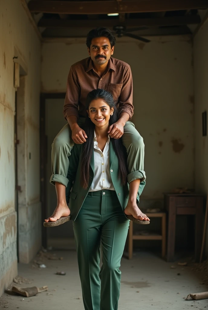 Create a realistic photograph of a smiling and beautiful indian actress in red satin carrying a large stout man on her shoulders in a room, man is sitting on top of her shoulders , man on top, woman standing at bottom , she is wearing black gloves 