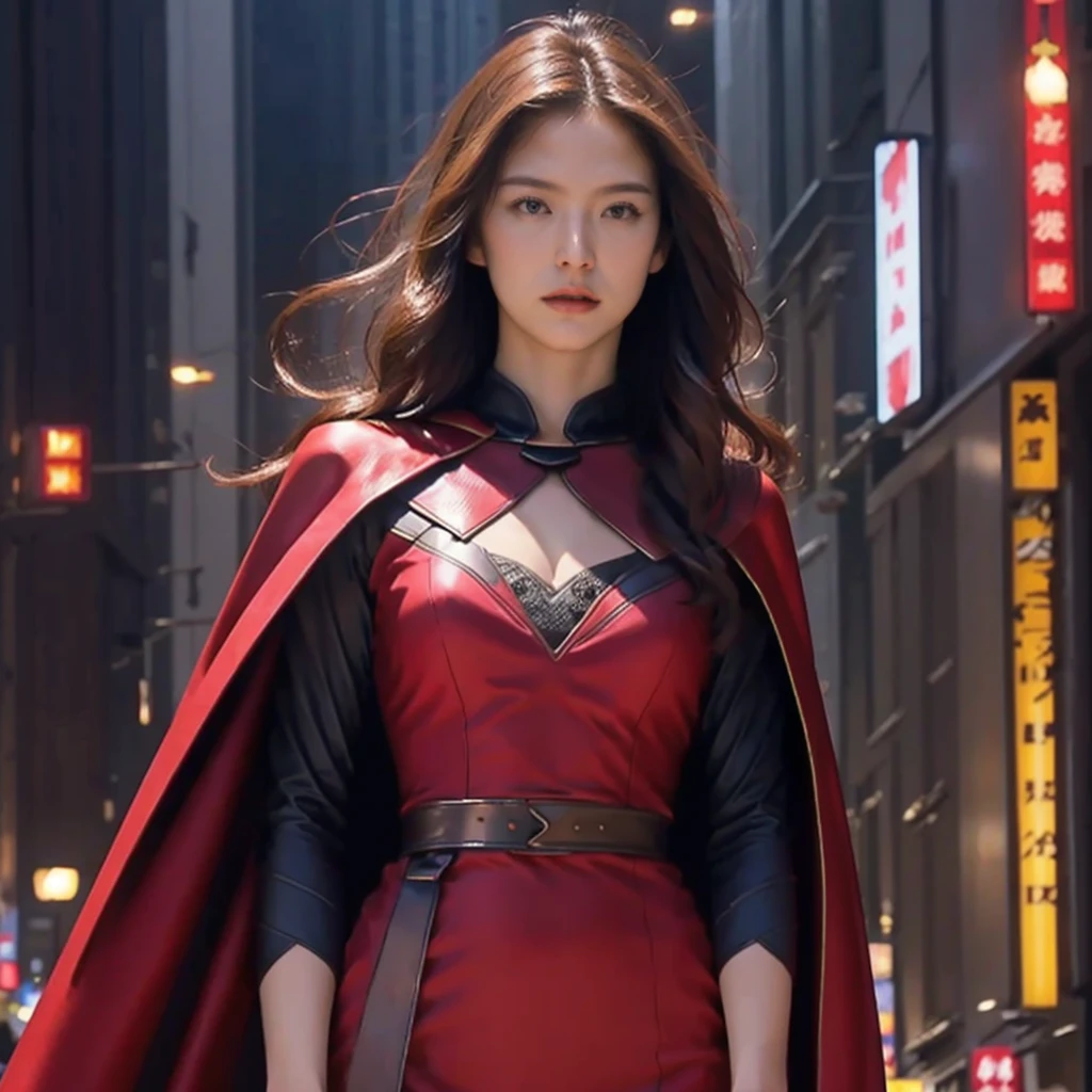 High resolution, Ultra high definition, high quality, masterpiece, woman、30th Generation、Center parted hair、Large Breasts, Perfect Style、Hero suit with cape and logo on chest、Dynamic pose、Superhero、Downtown Tokyo、One girl, solo, 