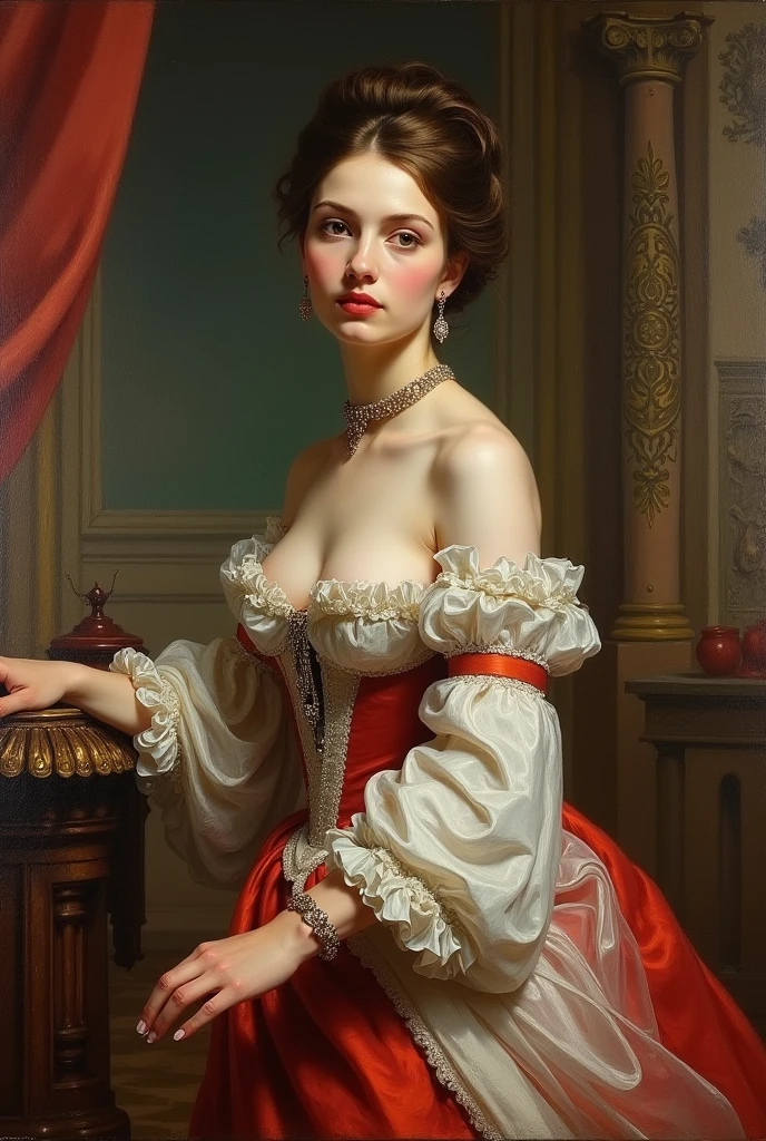 baroque art by Jan Weenix and Toraji, brie-larson large breasts vagina sitting choker seductive, Baroque still life, realistic, dramatic lighting, Japanese art, ukiyo-e, woodblock prints, artistic, epic atmosphere, luxury, extremely rich detail, detailed, glossy, beautiful composition, cool colors