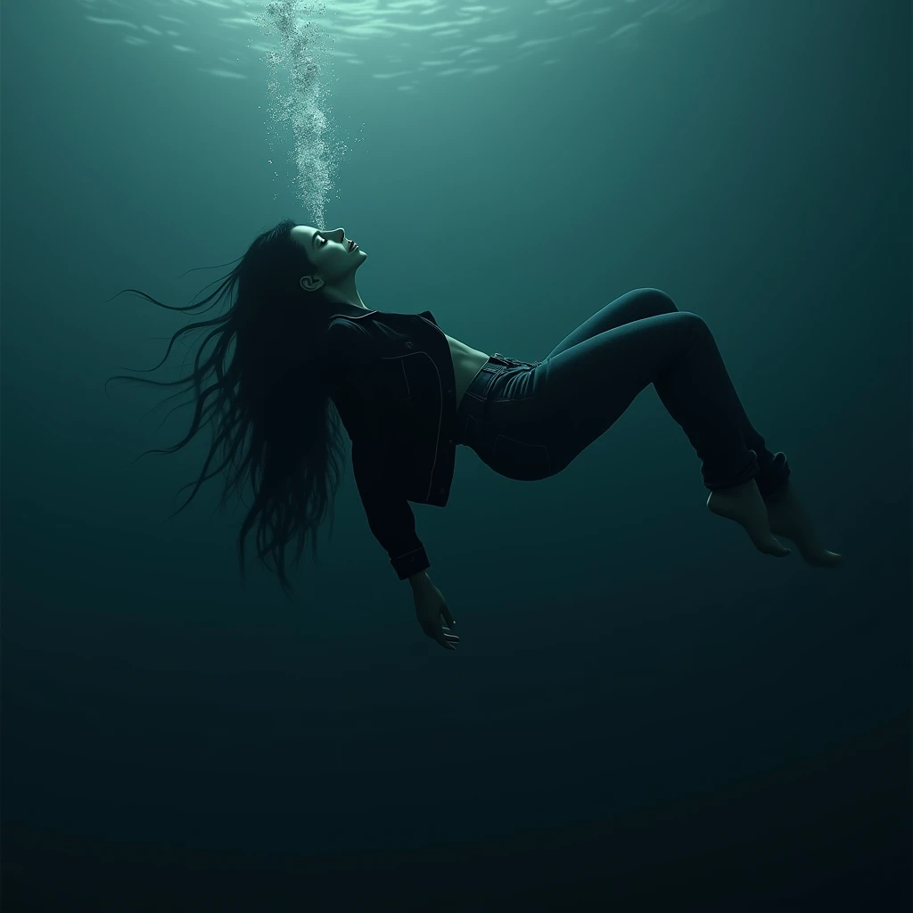 Japanese woman, 20yo, Kizi, long straight black hair, breasts skinny, swimming, (Nudity 1.5), Legs long, scattered hair, airflow, in the water, dark theme, Masterpiece artwork, (NSFW 2.0), 8k, explicit, (on the back 2.0).