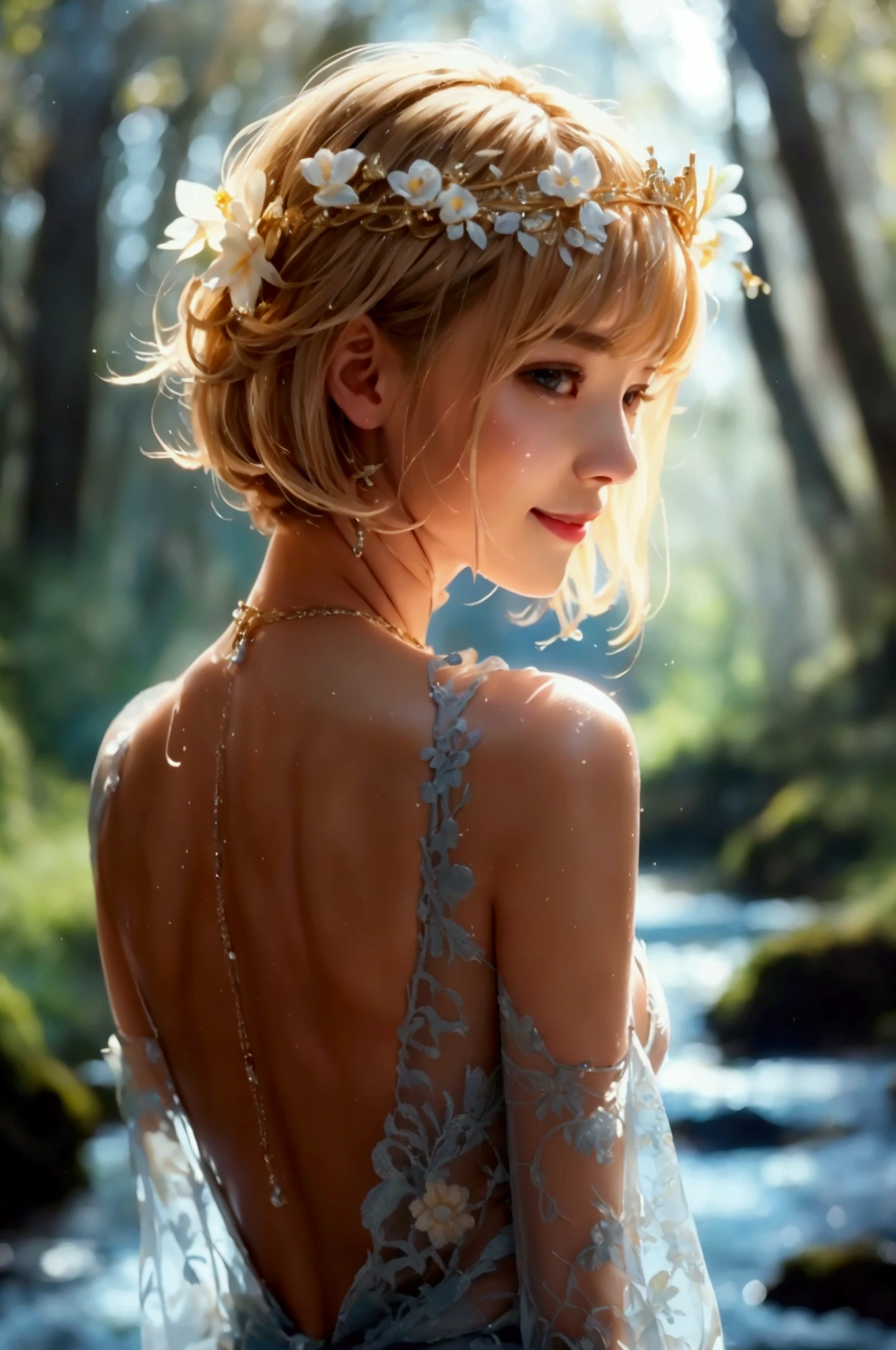 Very detailed, masterpiece, Cinematic Lighting Digital Photography, art,Surreal Paintings,girl, blonde,Short Hair,Happy smile,sexy,suit,(masterpiece, Side light, complicated, elegant, Very detailed,river,elegant,Crown,Luxurious,Flower Hair Ornaments,Mysterious Forest,beautiful, Detailed eyes: 1.2), High resolution,High nose,写真のための美しくsexyなポーズ,Big cleavage,Shiny skin,Wearing a printed lace dress,Turning her back,On all fours,Dripping Sweat