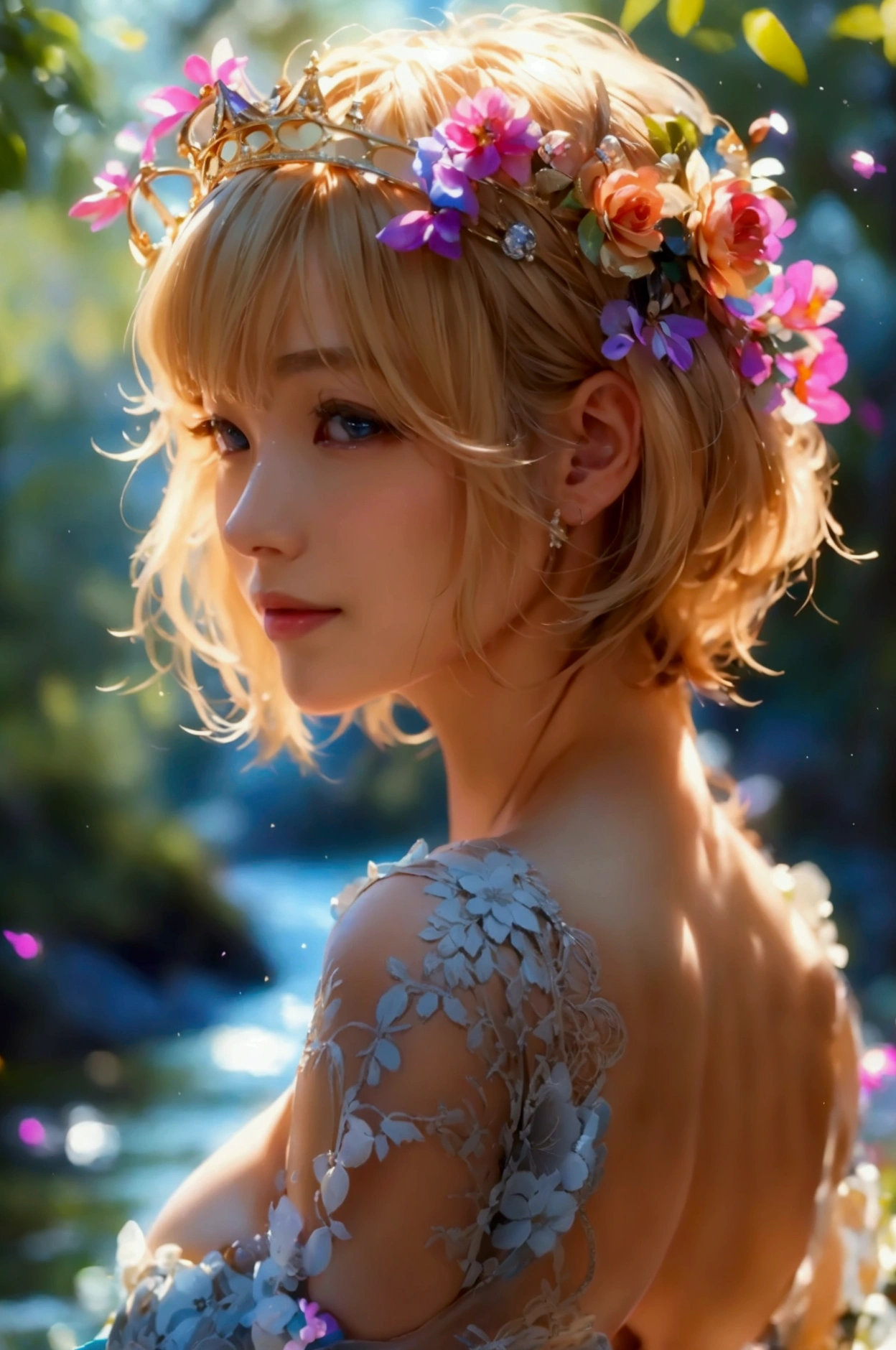 Very detailed, masterpiece, Cinematic Lighting Digital Photography, art,Surreal Paintings,girl, blonde,Short Hair,Happy smile,sexy,suit,(masterpiece, Side light, complicated, elegant, Very detailed,river,elegant,Crown,Luxurious,Flower Hair Ornaments,Mysterious Forest,beautiful, Detailed eyes: 1.2), High resolution,High nose,写真のための美しくsexyなポーズ,Big cleavage,Shiny skin,Wearing a printed lace dress,Turning her back,On all fours,Lift up your skirt