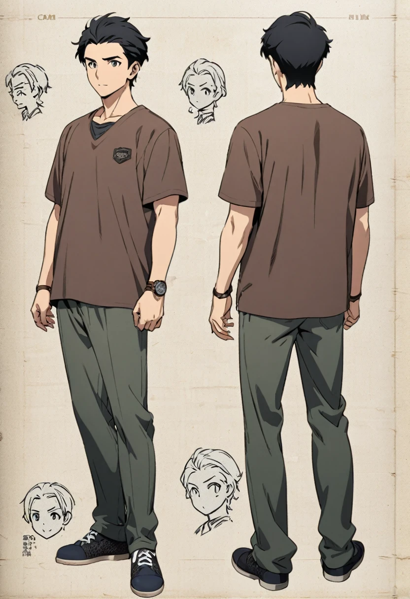 Front, side and back views、A character model sheet depicting the same character from three angles、A casual-looking man in casual clothes who looks like a supporting actor、