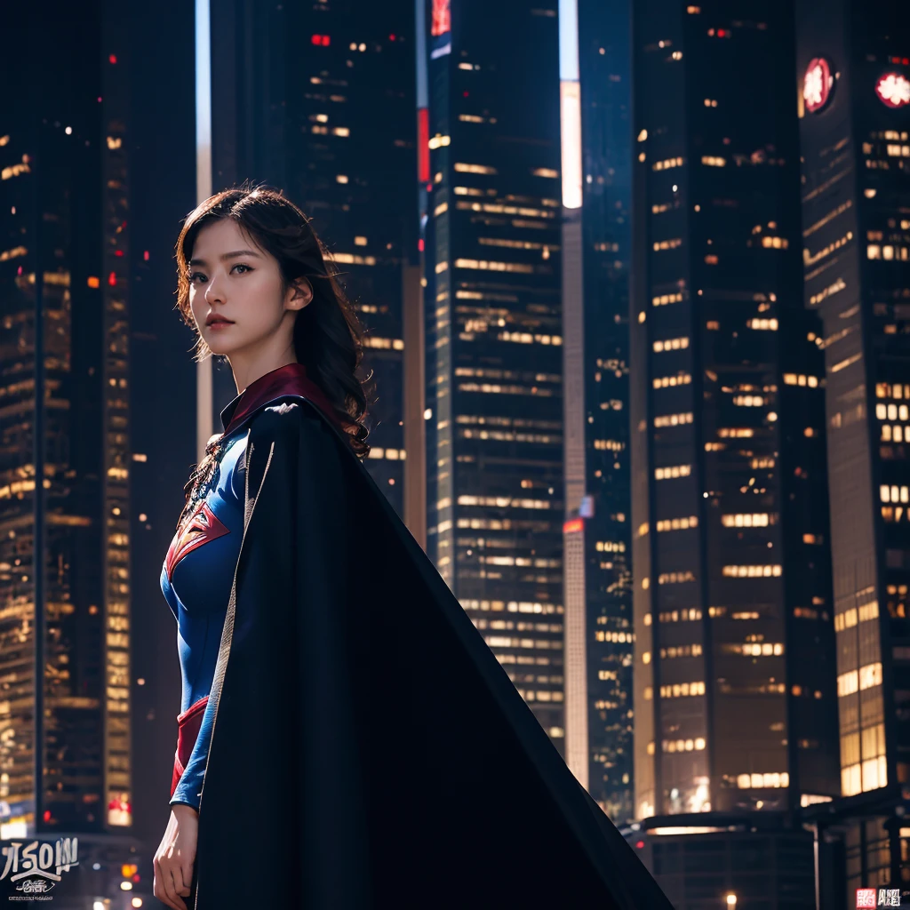 High resolution, Ultra high definition, high quality, masterpiece, woman、30th Generation、Center parted hair、Large Breasts, Perfect Style、Blue hero suit with logo on chest with cape、Dynamic pose、Superhero、Downtown Tokyo、One girl, solo, Character portrait、Full Body Shot、