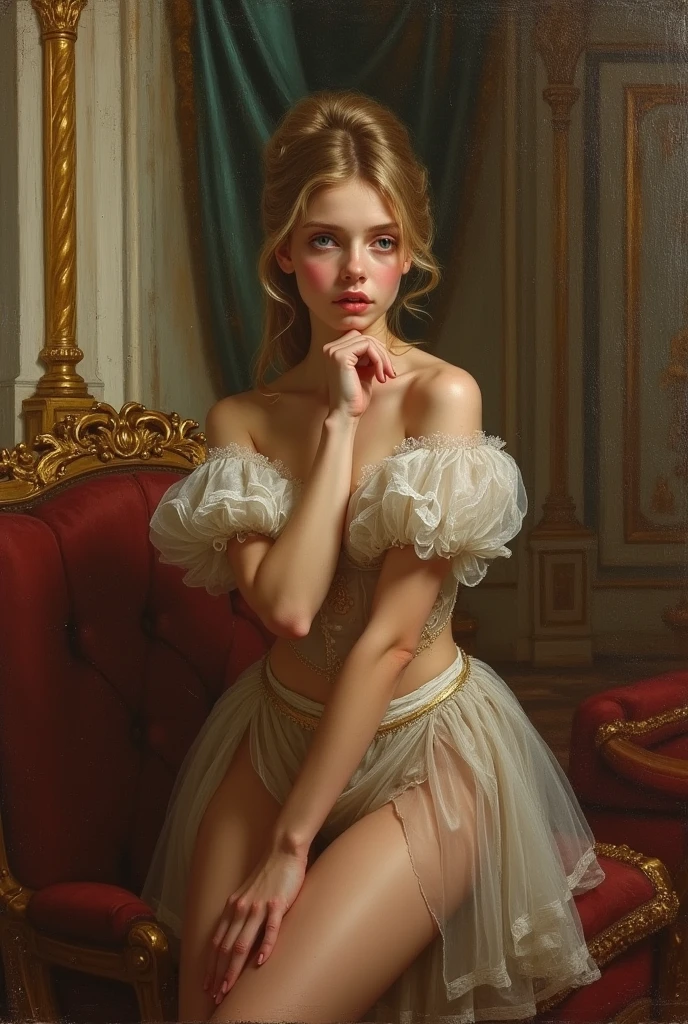 Marie Antoinette, the young and beautiful Queen of France, nude, Sitting on the throne