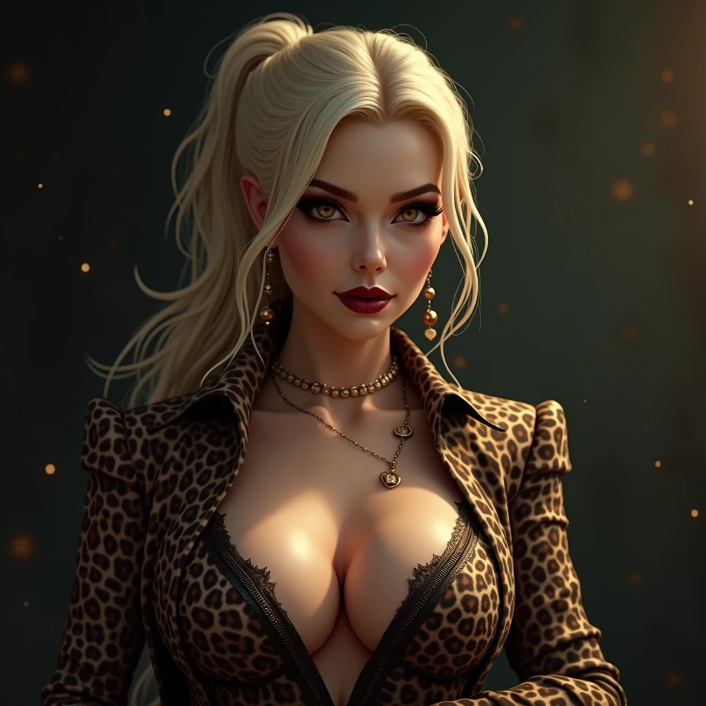 blonde hair,fashion model,long hair, natural wavy, hairultra-detailed,best quality,close up,high resolution,hyper-realistic:1.37,8k,vivid colors,black bra,black skirt,leopard jacket,leopard detail,fine detailing,dynamic pose,lush background,studio lighting,eye-catching composition,confident expression,sensual,shimmering textures,dramatic shadows,flawless skin,striking makeup,intense gaze,graceful curves,professional fashion photography,sophisticated fashionista,exquisite attention to detail,modern and stylish,perfectly styled hair and makeup,impeccable fashion sense,attractive and appealing,impressive aesthetics,full body shot,fabulous fashion trends,glamorous and elegant,fierce and powerful presence,attention-grabbing,mesmerizing beauty,gorgeous and captivating,exuding confidence and grace,striking fashion statement.