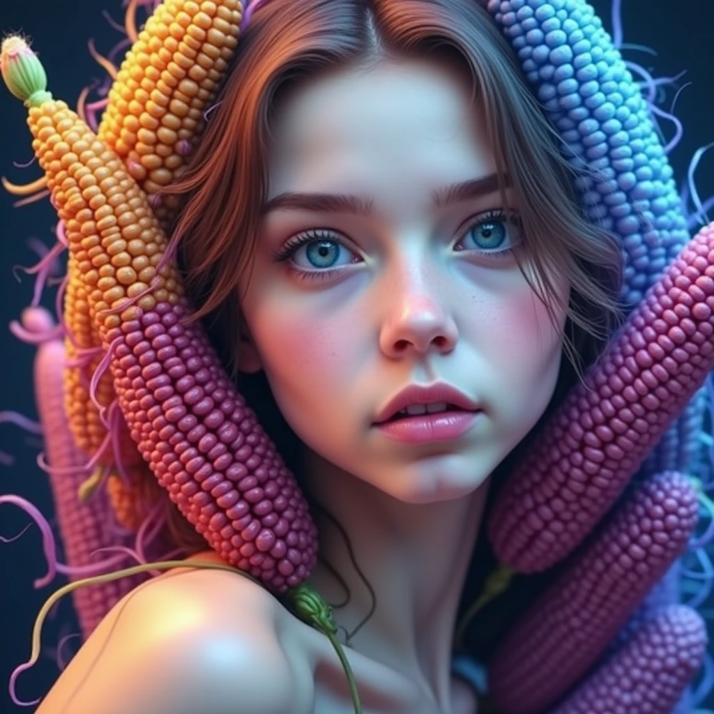 Realism, Photorealism, Photorealistic, Hyper Real, Hyperrealistic, Realistic, Full-HD, 1080p, 16k woman dressed in dress blueberries are covered with many drops of water, in the style of wet-on-wet blending, light navy and dark amber, George can, light navy and indigo, quiet potency