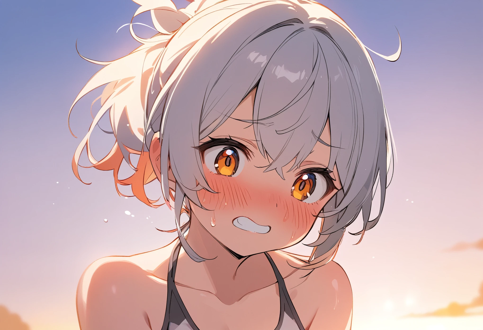 ((masterpiece)), (anime:1.3), ((Highest quality)), (RAW Photos:1.2), (Professional photography:1.3), (High resolution), (12 years old), 8K, Cinema Lighting, Disheveled Hair, (Exposed small breasts), Denim hot pants,(Pure white glossy hair),(Short hair with outward curls:1.3) ,(Healthy dark skin),A badly tattered and torn camisole, (Dirty oversized white camisole), Slim and small breasts, (PAW Pose),(Double teeth), (Open your mouth),(Sticking out tongue), Textured skin, Cat ear,Fluffy dog tail ,Light brown hair, Cute beautiful girl, break, ((Highest quality)), (Sitting at the end of an old pier), Slums,