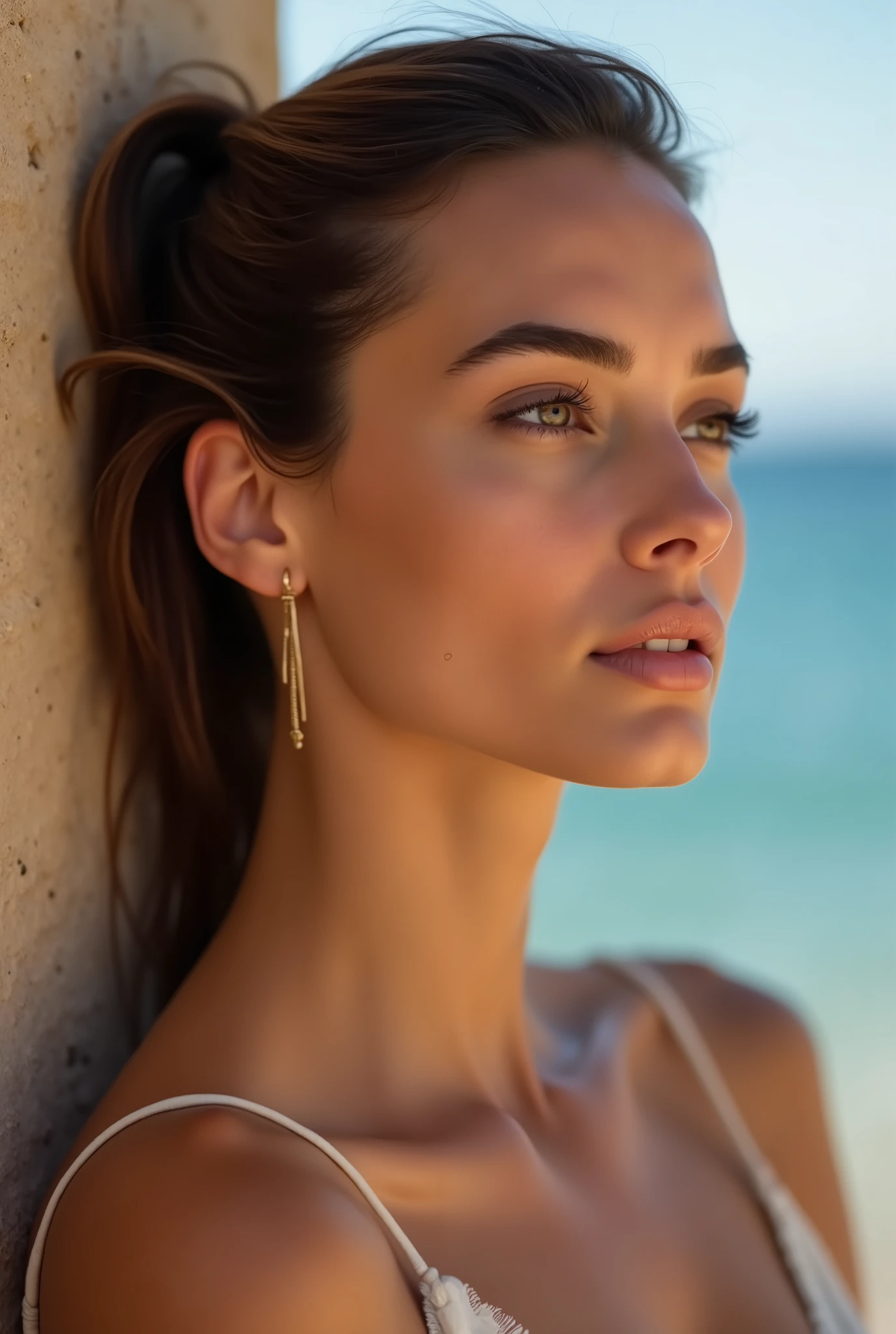 A young Italian woman on the beach, beautiful  face, eyes large, big eyelashes, soft skin, long hair, Large earrings, 比基尼, goddess, pose sexy, (best quality, 4K, 8K, highres, masterpiece:1.2), ultra-detailed, (realistic, photorealistic, photo-realistic:1.37), half upper body, eye level