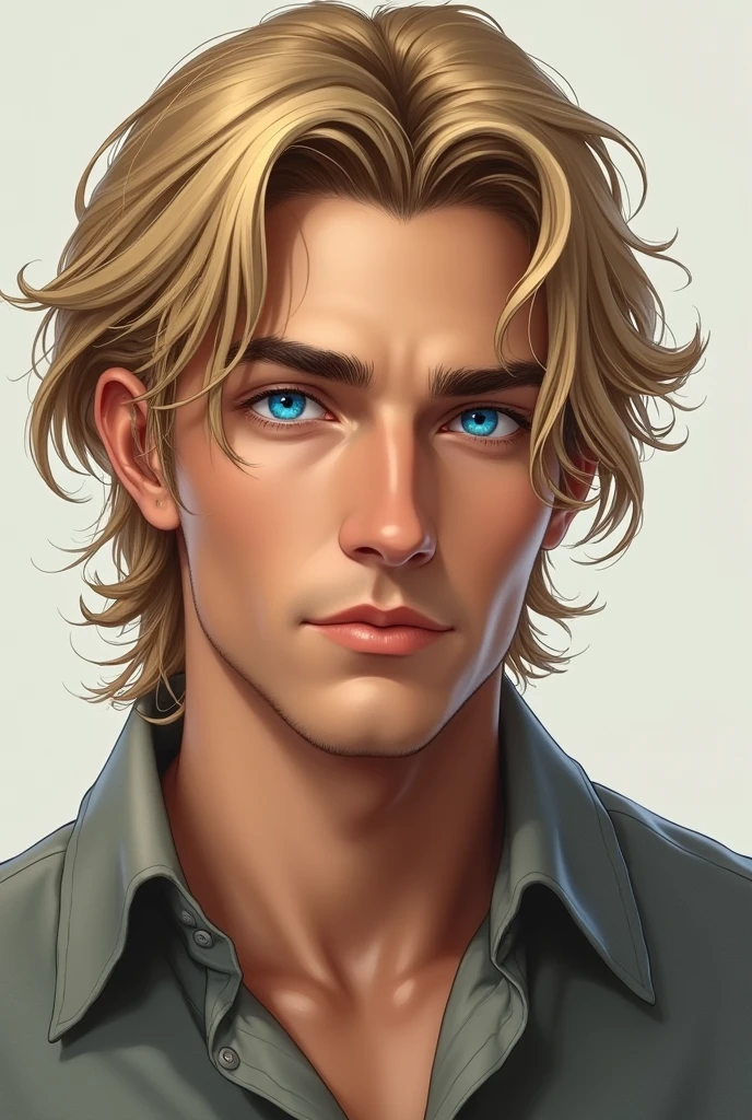 (masterpiece, absurdres, highres, ultra detailed), 1man, wavy blonde hair, adult, blue eyes, ponytail, male focus,handsome face, casual clothes, charming, lovely, detailed eyes and face,