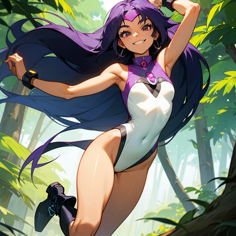 brown skinned anime adult, purple eyes, wearing a gamer outfit, black long hair, beautiful, petit, skinny, ponytail hair, small boobs, waving hand and has big smile, cameltoe, tall, large scar on stomach