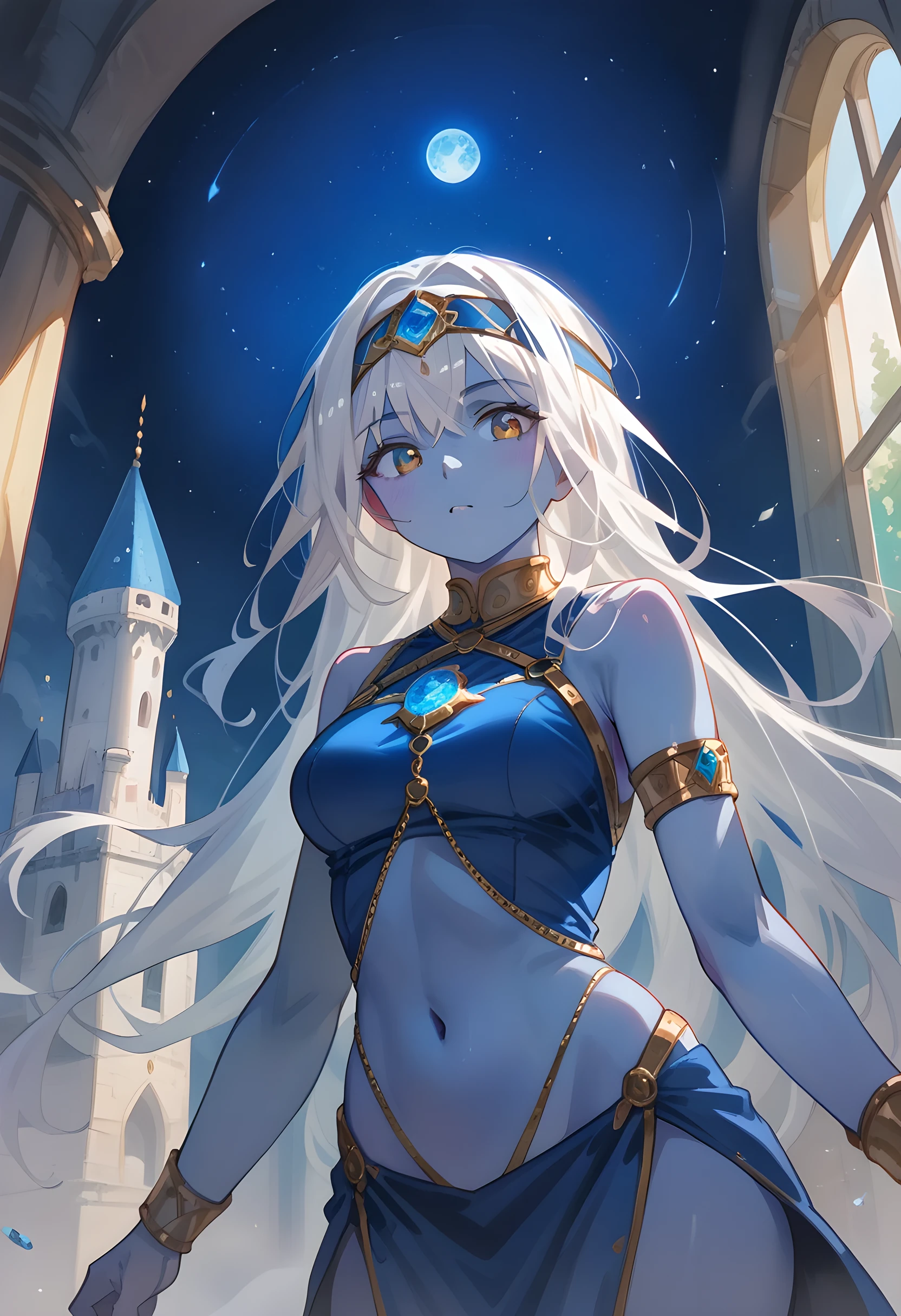 1 girl,(blue skin),colored skin,white hair,long hair,headband,blue gem on forhead,blue dress,gold ornament,gold harness,skimpy hip,bangs,deep of filed,cinematic lighting,floating,blue moon,starry sky,sleeveless,pov,look at viewer,castle,window,(SuperQuality:1.0) ~ (SuperQuality:1.2), AissistXLv2, unaestheticXL_bp5