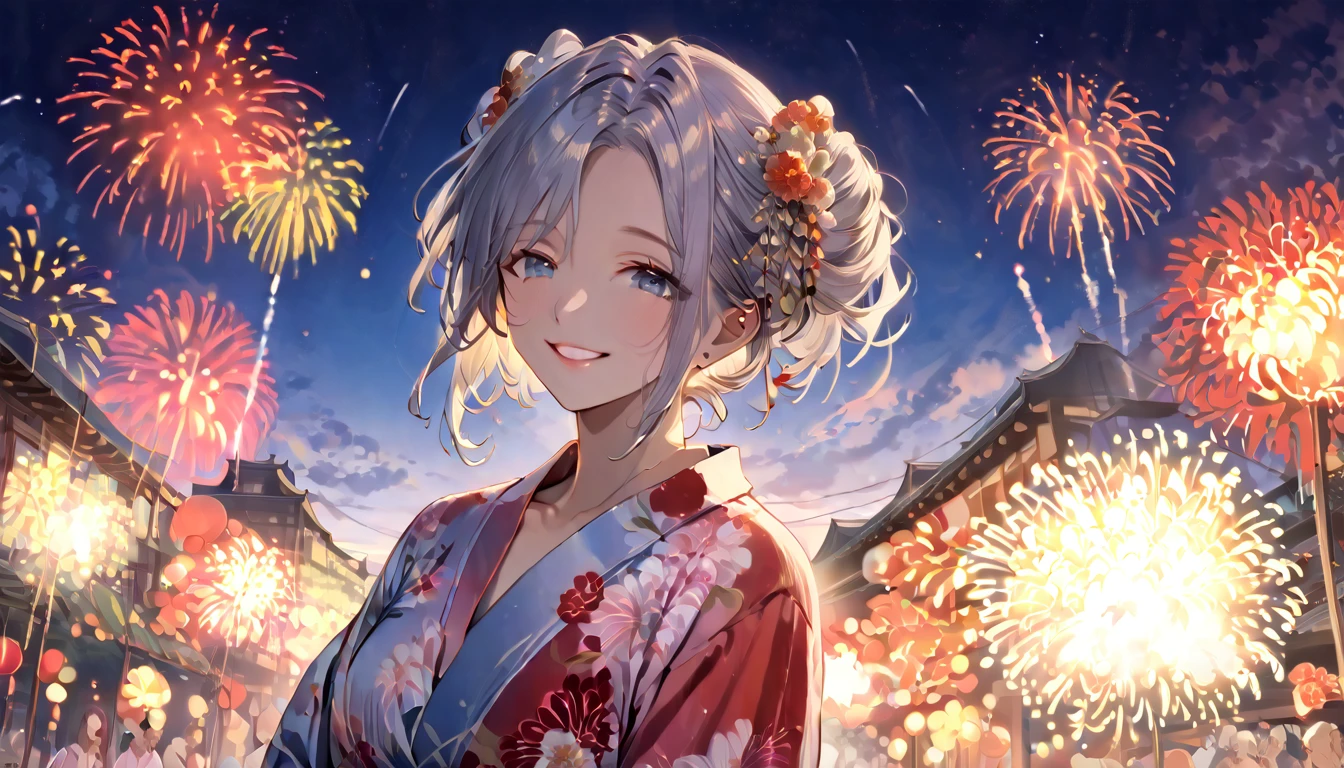 Very delicate and beautiful, very detailed eyes and face and skin, professional lighting, physically based rendering, (professional photo of girls), perfect anatomy, official art, wonderful, solo, single woman, 2, dumpling hair, symmetrical clear eyes, slim, piercing, (smile, happy smile: 1.3), side view, night: 1.8, yukata, many fireworks launched, full body, drawn shot