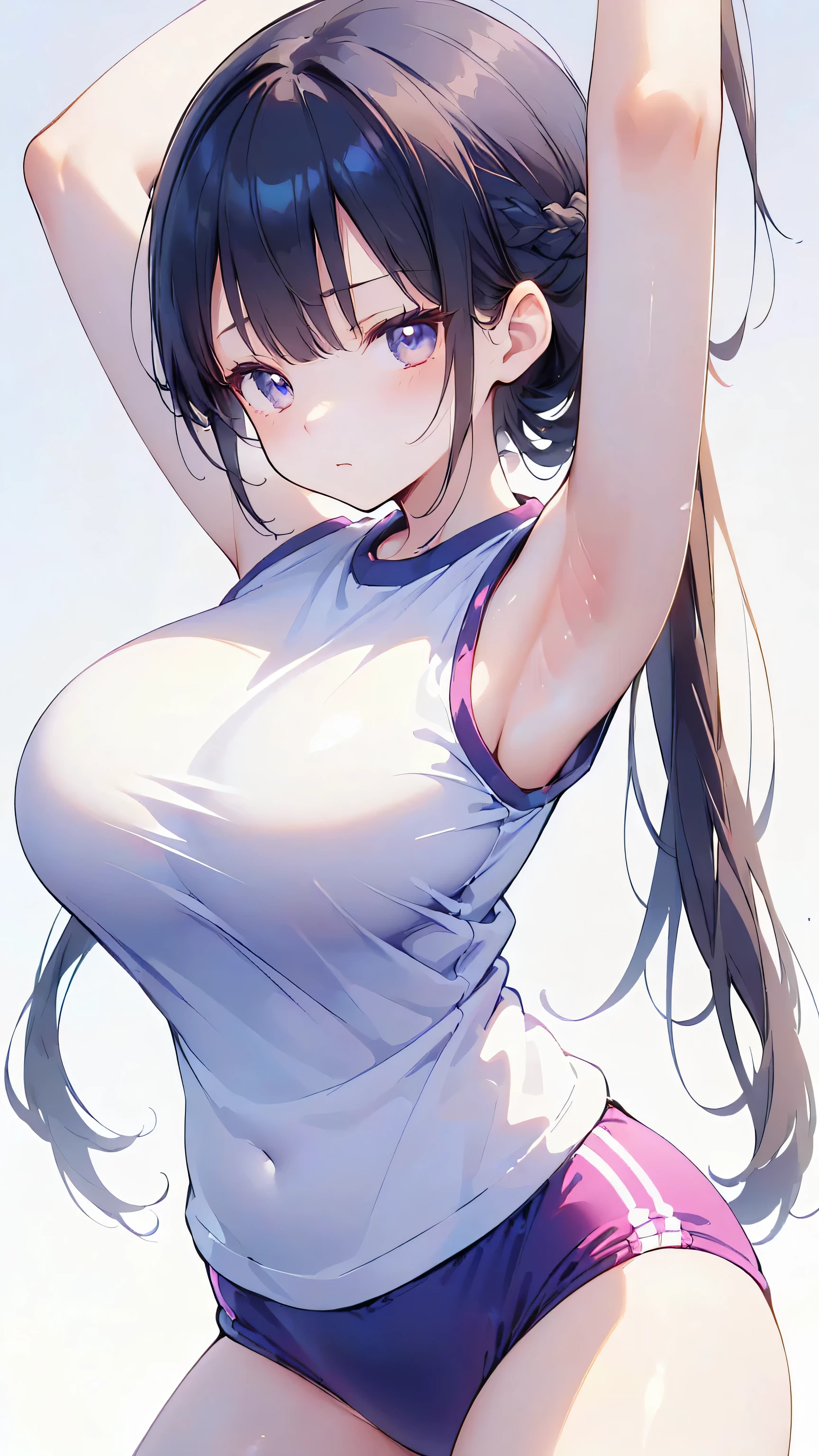 Ultra-high resolution, 8k,high quality,(((Extra low length,Skinny body)),cowboy shot , ((no hat:1.3))),Slender,Cute hairstyle,,(iridescent light,soft shadow,Anime Painting,thin line drawing),(((((super enormous cartoon-like breasts,Simple Background,Sleeveless student gym clothes,Young,Stretching)))))Girl、