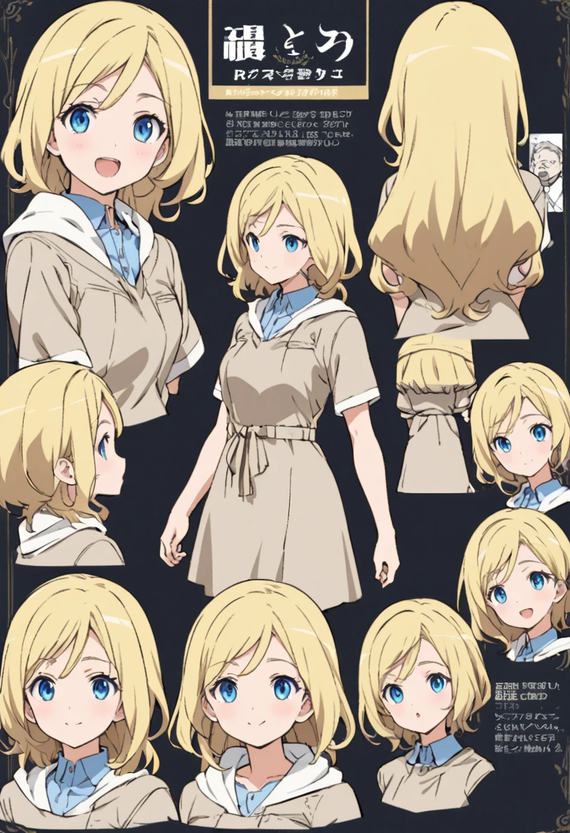 Front, Side and rear views、A character model sheet depicting the same character from three angles、A casually dressed, blond, blue-eyed man、Finishing a supporting role