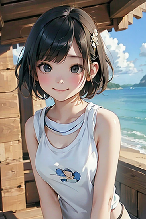 (Best Quality:1.3)、(Masterpiece)、(High resolution:1.5)、1girl、 cute, wonderful, Beautiful fine details, Black Eyes, Short Hair, Black Hair,In detail,Depth of written boundary,Highly detailed CG,original, Highly detailed wallpaper,Portrait,(( Tank top))、View your viewers、((Outdoor))、sea、Sandy Beach、blue sky、((from the front))、smile