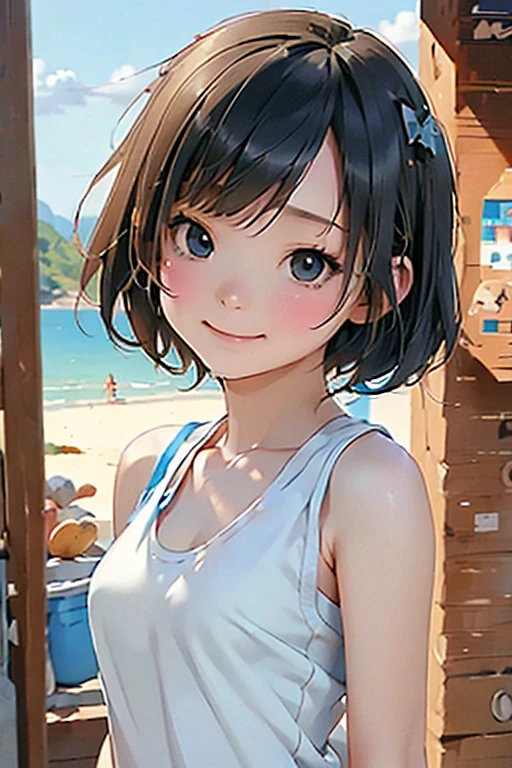 (Best Quality:1.3)、(Masterpiece)、(High resolution:1.5)、1girl、 cute, wonderful, Beautiful fine details, Black Eyes, Short Hair, Black Hair,In detail,Depth of written boundary,Highly detailed CG,original, Highly detailed wallpaper,Portrait,(( Tank top))、View your viewers、((Outdoor))、sea、Sandy Beach、blue sky、((from the front))、smile