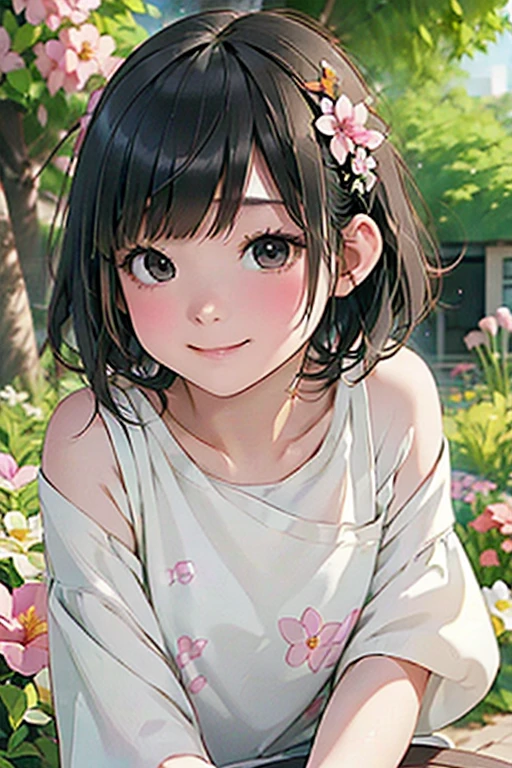 (Best Quality:1.3)、(Masterpiece)、(High resolution:1.5)、1girl、 cute, wonderful, Beautiful fine details, Black Eyes, Short Hair, Black Hair,In detail,Depth of written boundary,Highly detailed CG,original, Highly detailed wallpaper,Portrait, off-the-shoulder top、View your viewers、garden、Colorful flowers、Trees、from the front、smile