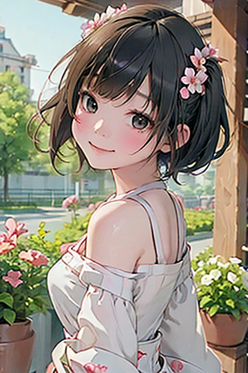 (Best Quality:1.3)、(Masterpiece)、(High resolution:1.5)、1girl、 cute, wonderful, Beautiful fine details, Black Eyes, Short Hair, Black Hair,In detail,Depth of written boundary,Highly detailed CG,original, Highly detailed wallpaper,Portrait, off-the-shoulder top、View your viewers、garden、Colorful flowers、Trees、from the front、smile